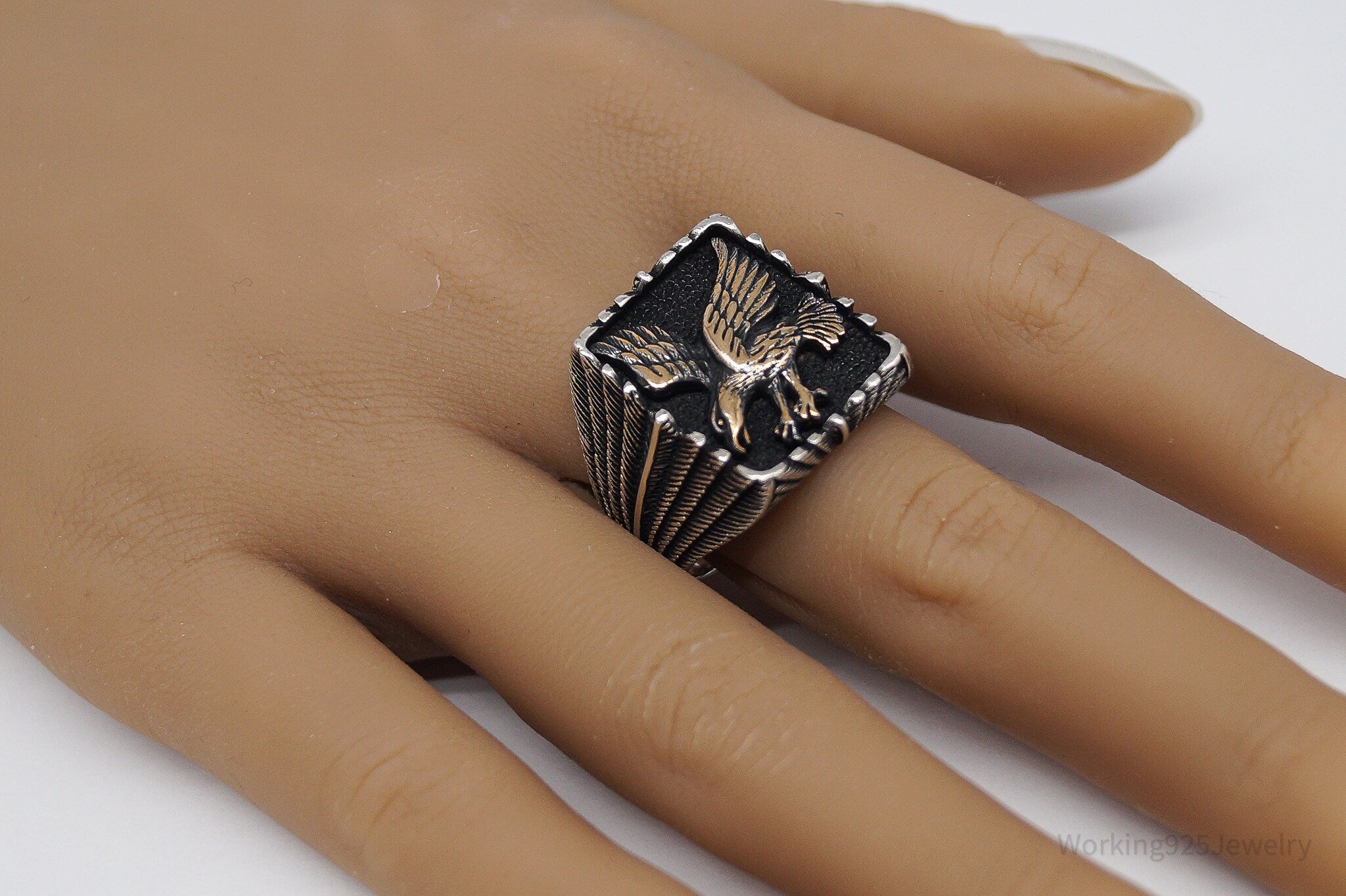 Vintage Eagle Two Tone Sterling Silver Ring - Size 13