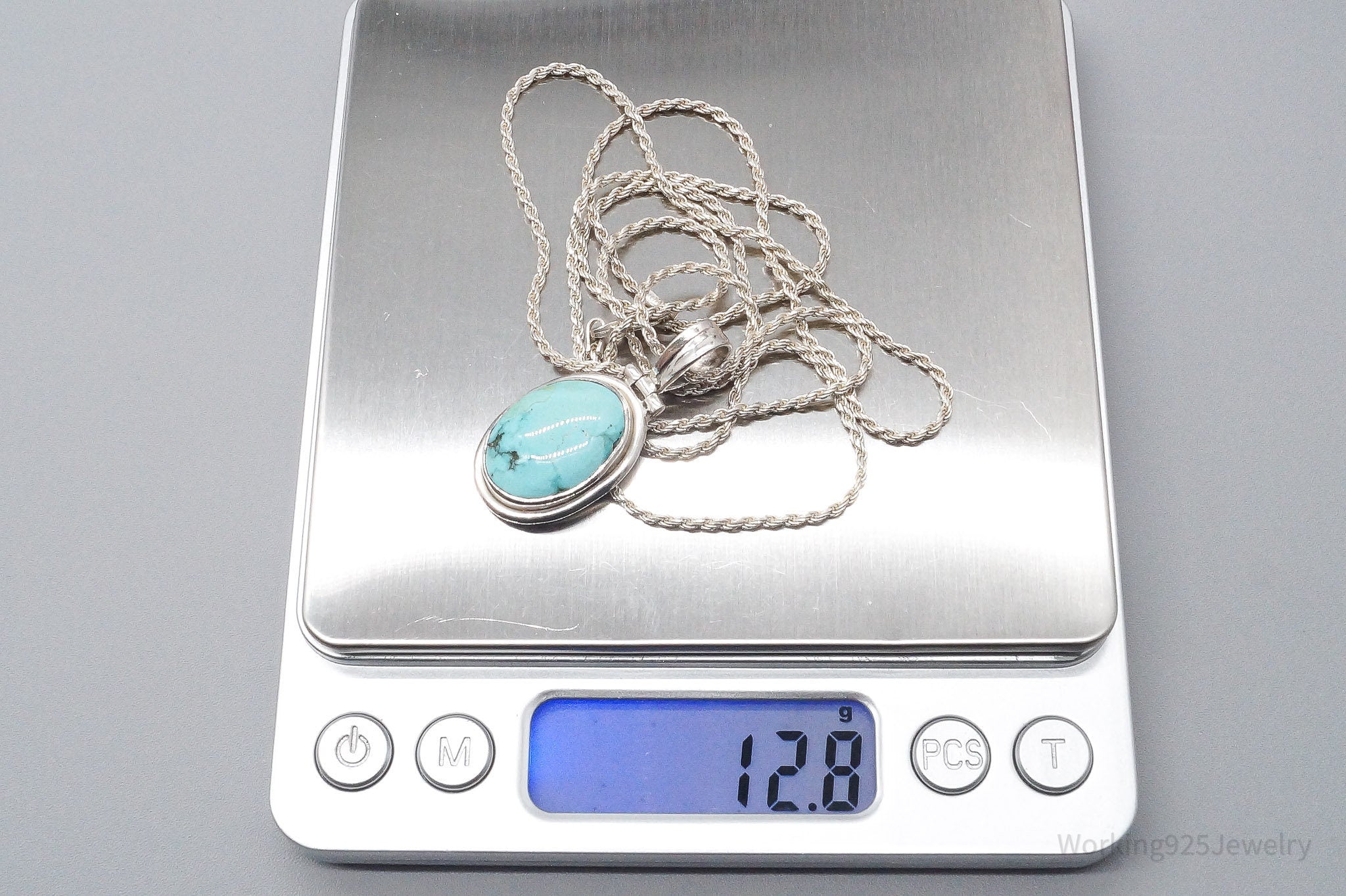 Vintage Large Blue Turquoise Pendant Sterling Silver Necklace 30"