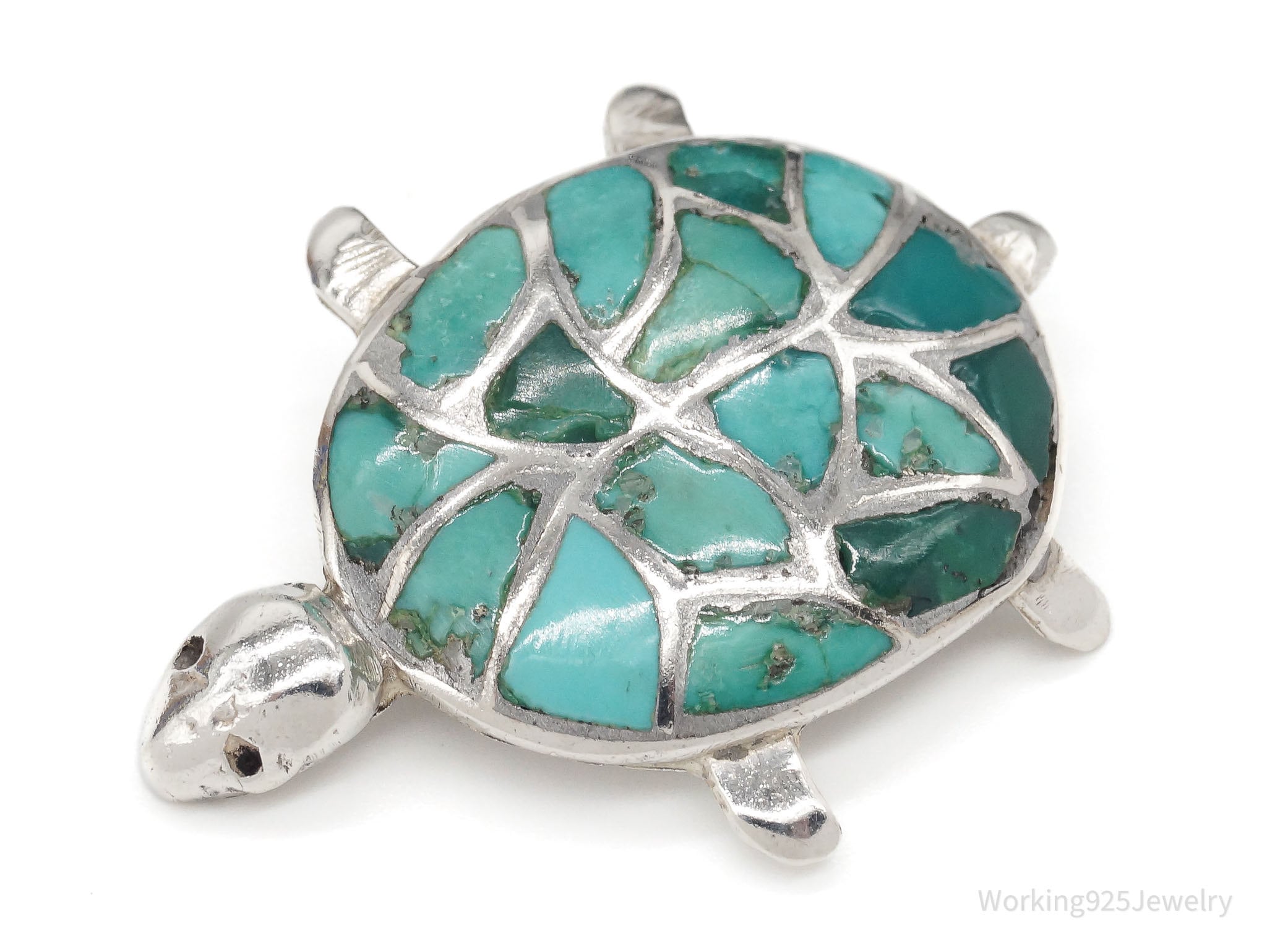 Vintage Handmade Turquoise Inlay Turtle Silver Brooch Pin