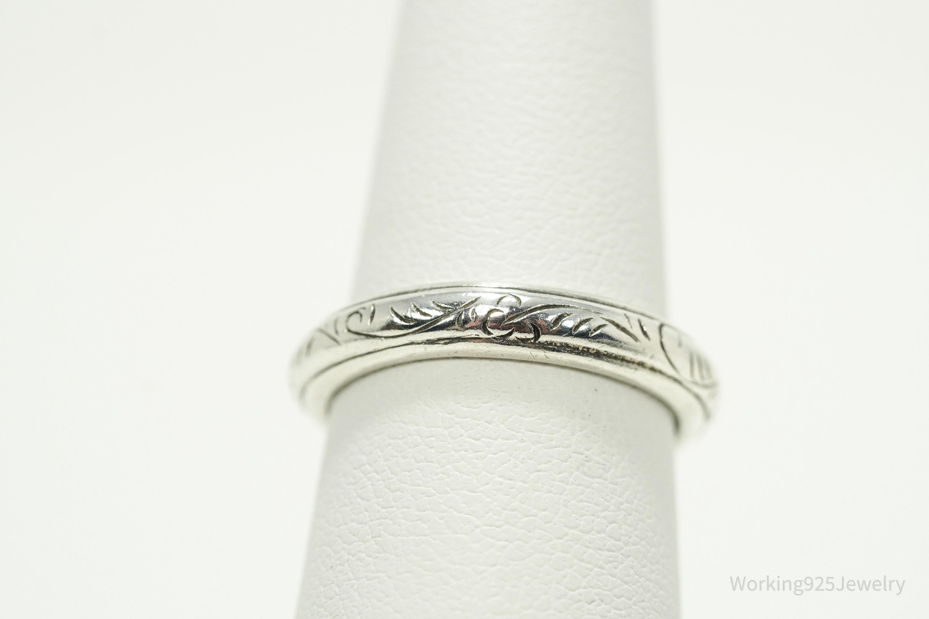 Vintage BASK Etched Design Sterling Silver Band Ring - Size 5.75