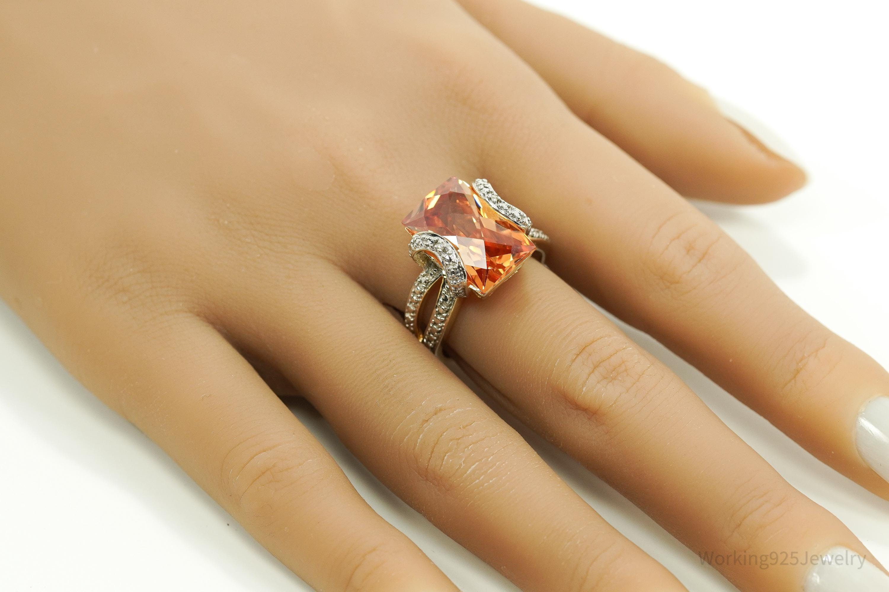 VTG Designer Ross Simons Orange Cubic Zirconia & Diamond Gold Over Sterling Silver Ring - Size 9.25