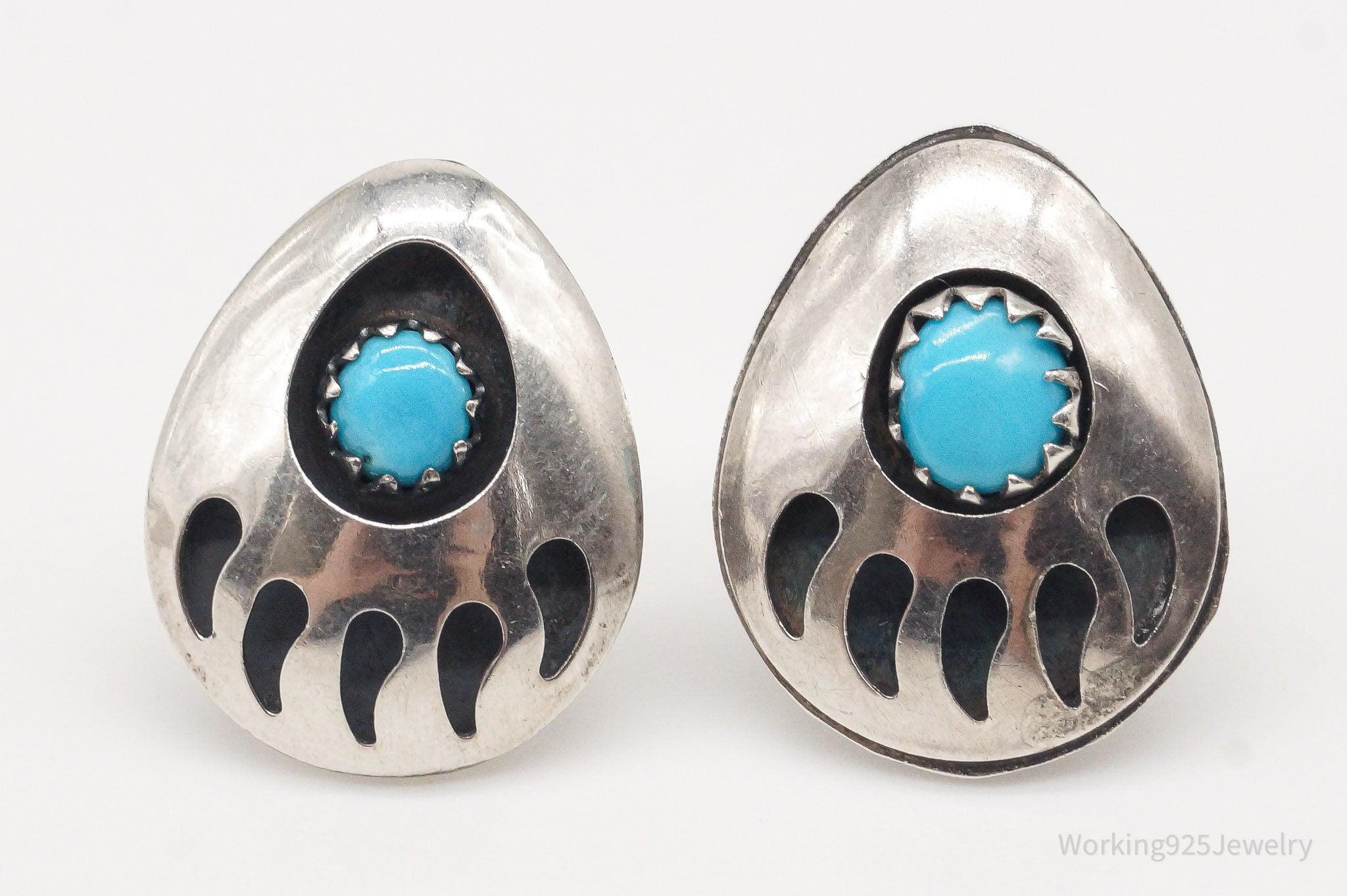 Vintage Native American Turquoise Bear Paw Print Sterling Silver Earrings