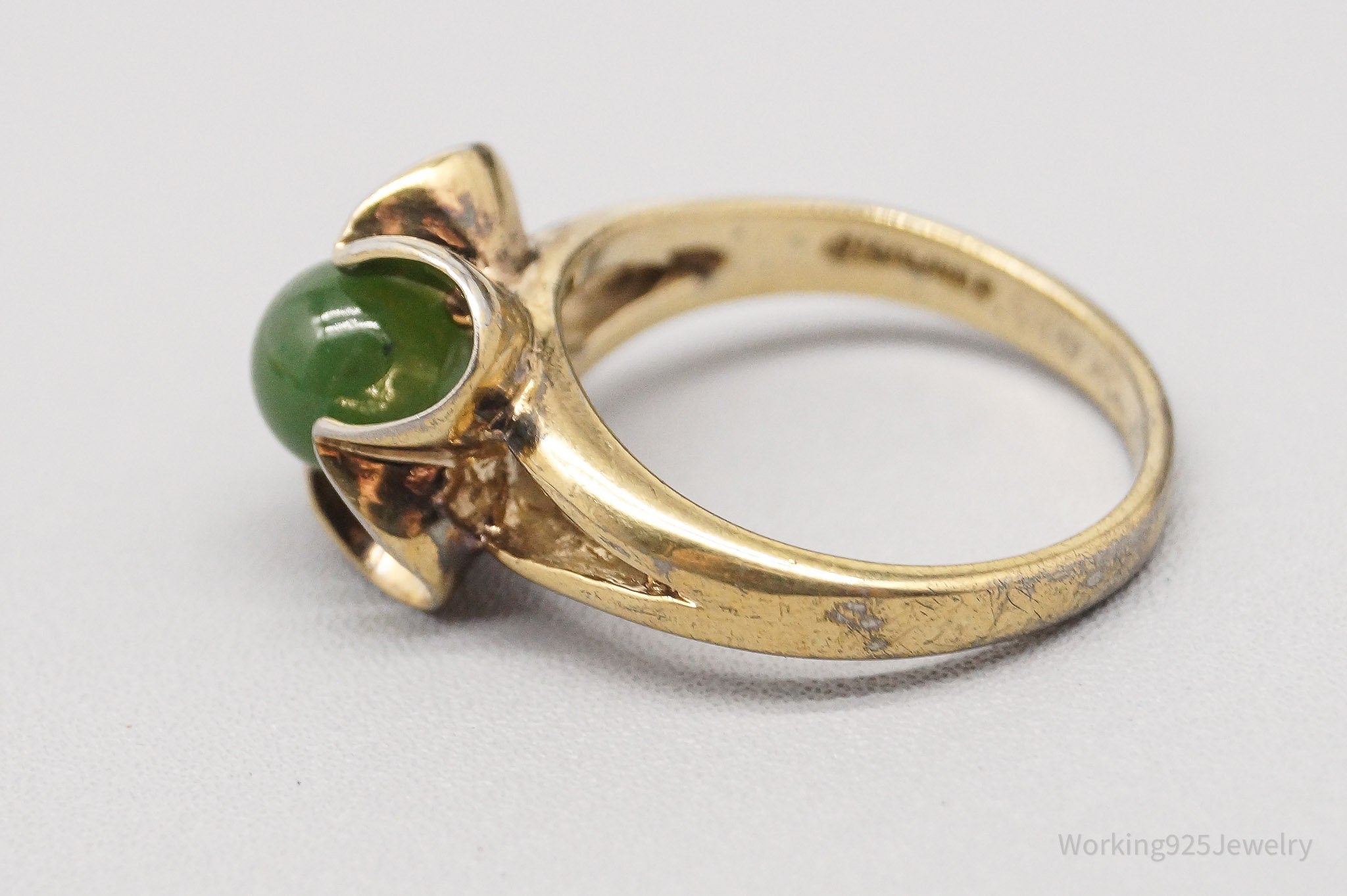 Vintage MCM Nephrite Jade Gold Vermeil Sterling Silver Ring - Size 6.5