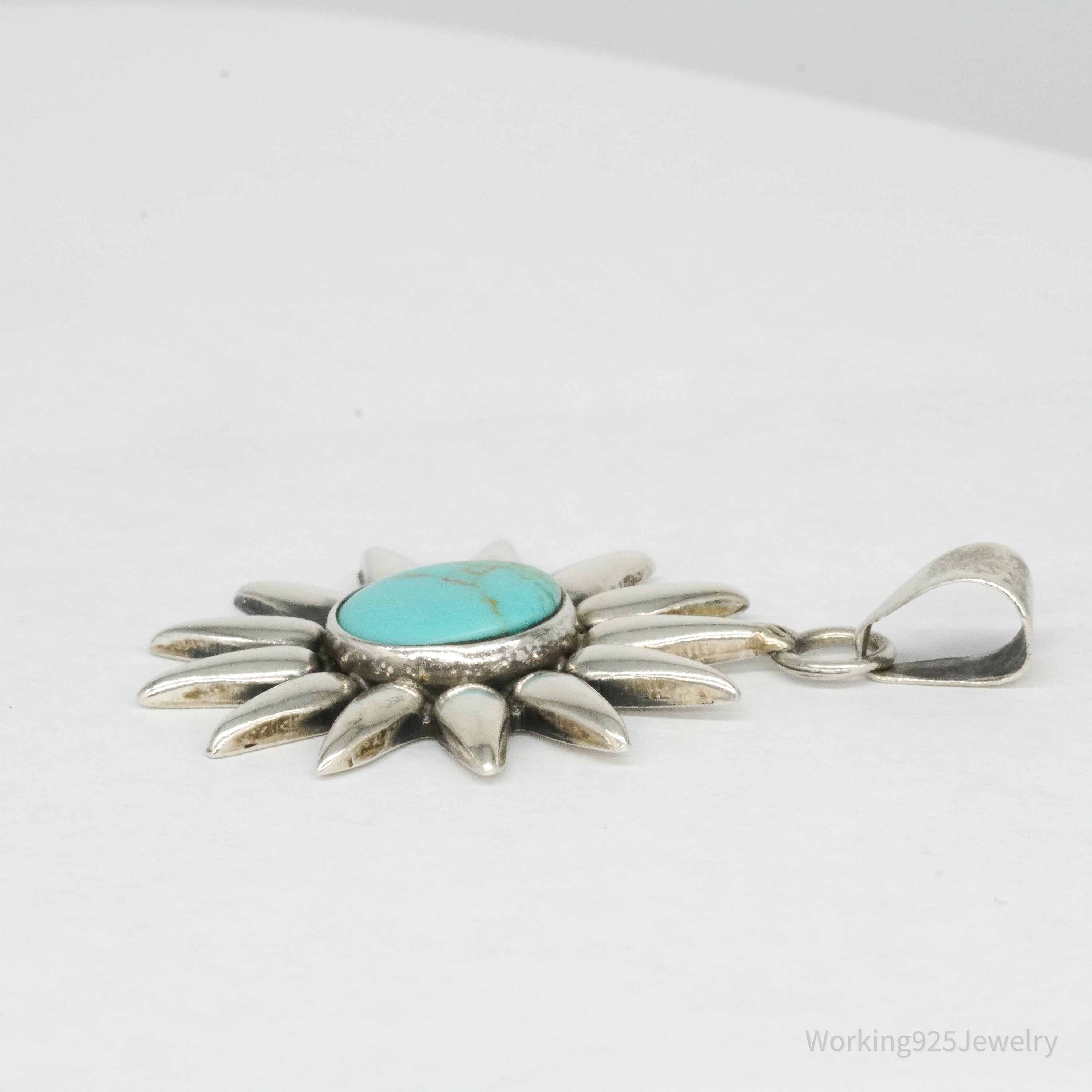 Large Vintage Mexico Turquoise Sun Sterling Silver Pendant 2"