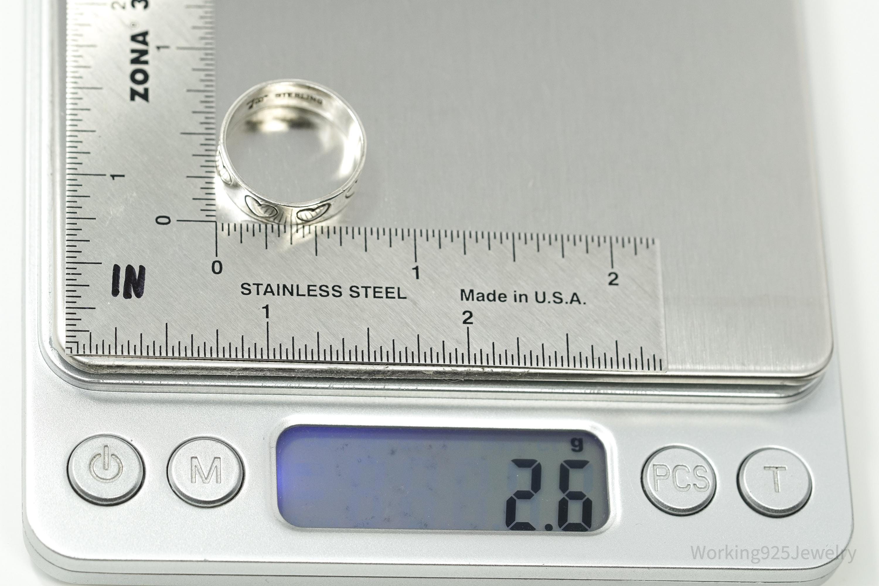 Vintage Heart Pattern Sterling Silver Band Ring - Size 6.75