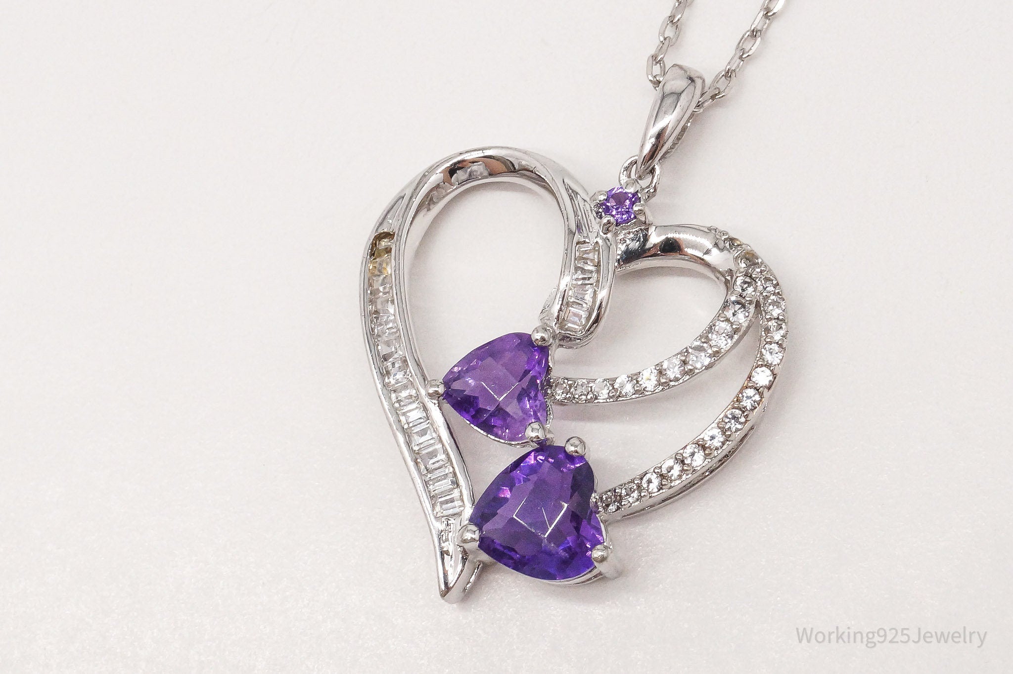 Vintage Amethyst Cubic Zirconia Heart Sterling Silver Necklace 16"