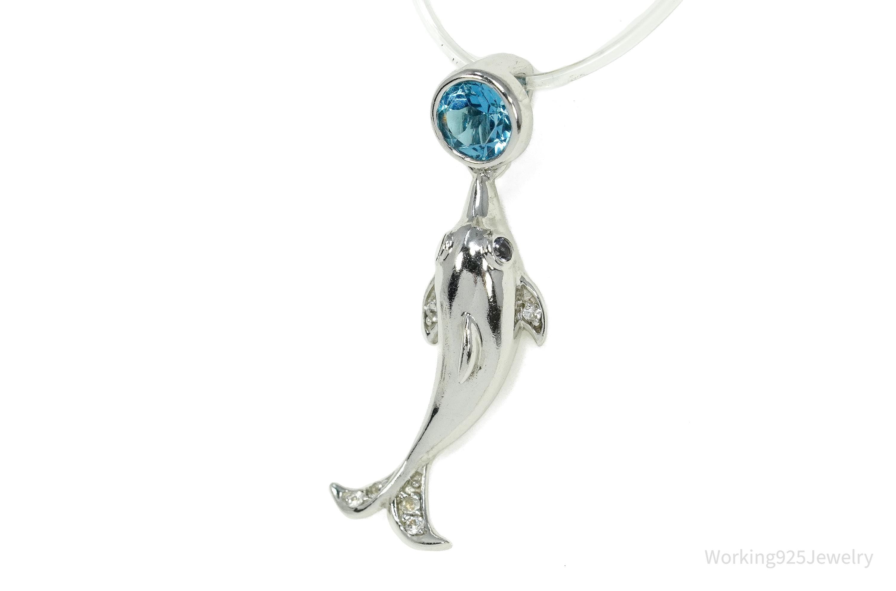 Vintage Blue Topaz Dolphin Sterling Silver Necklace Pendant 1 1/8"