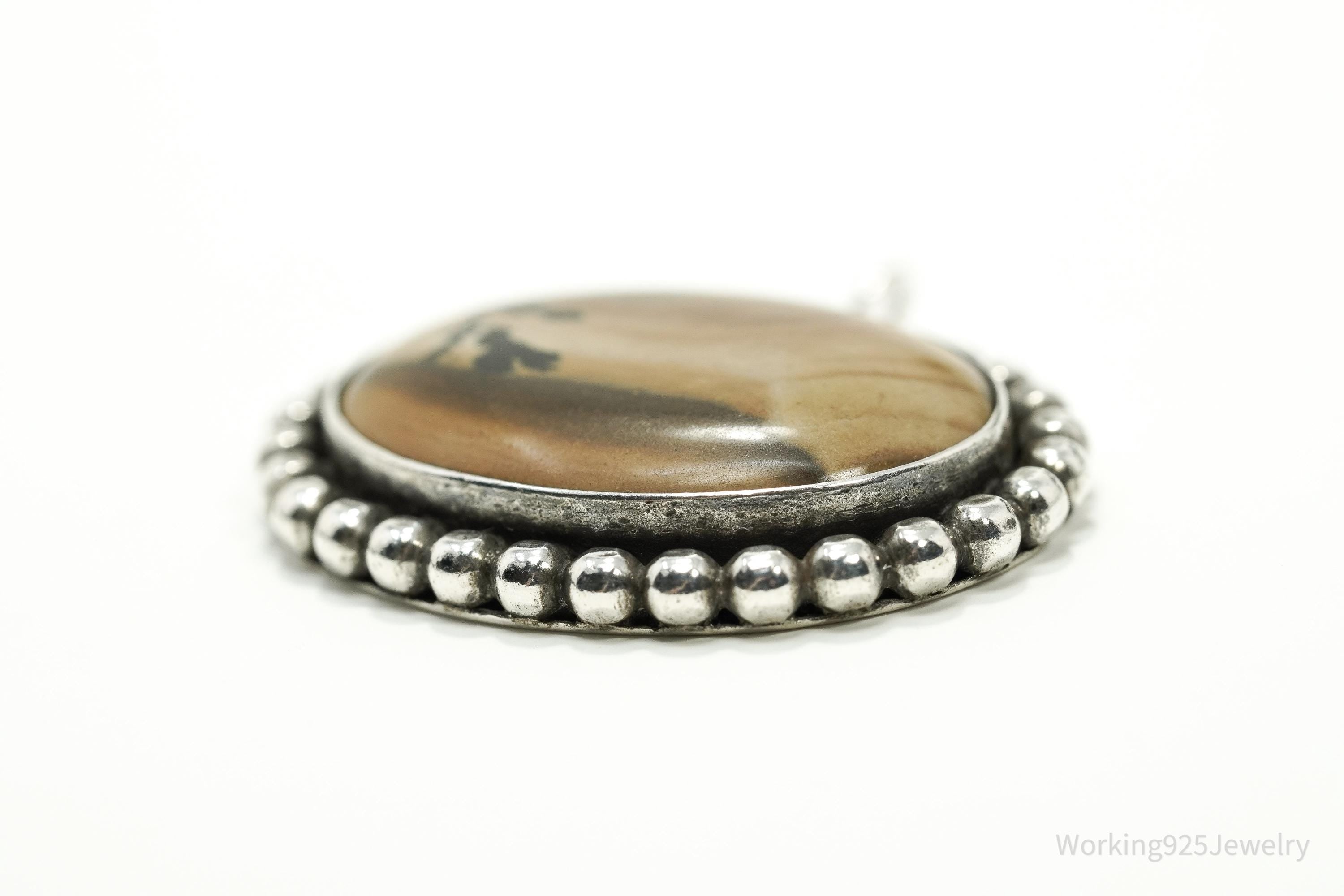 Vintage 1970s Picture Jasper Silver Necklace Pendant 1 3/8"