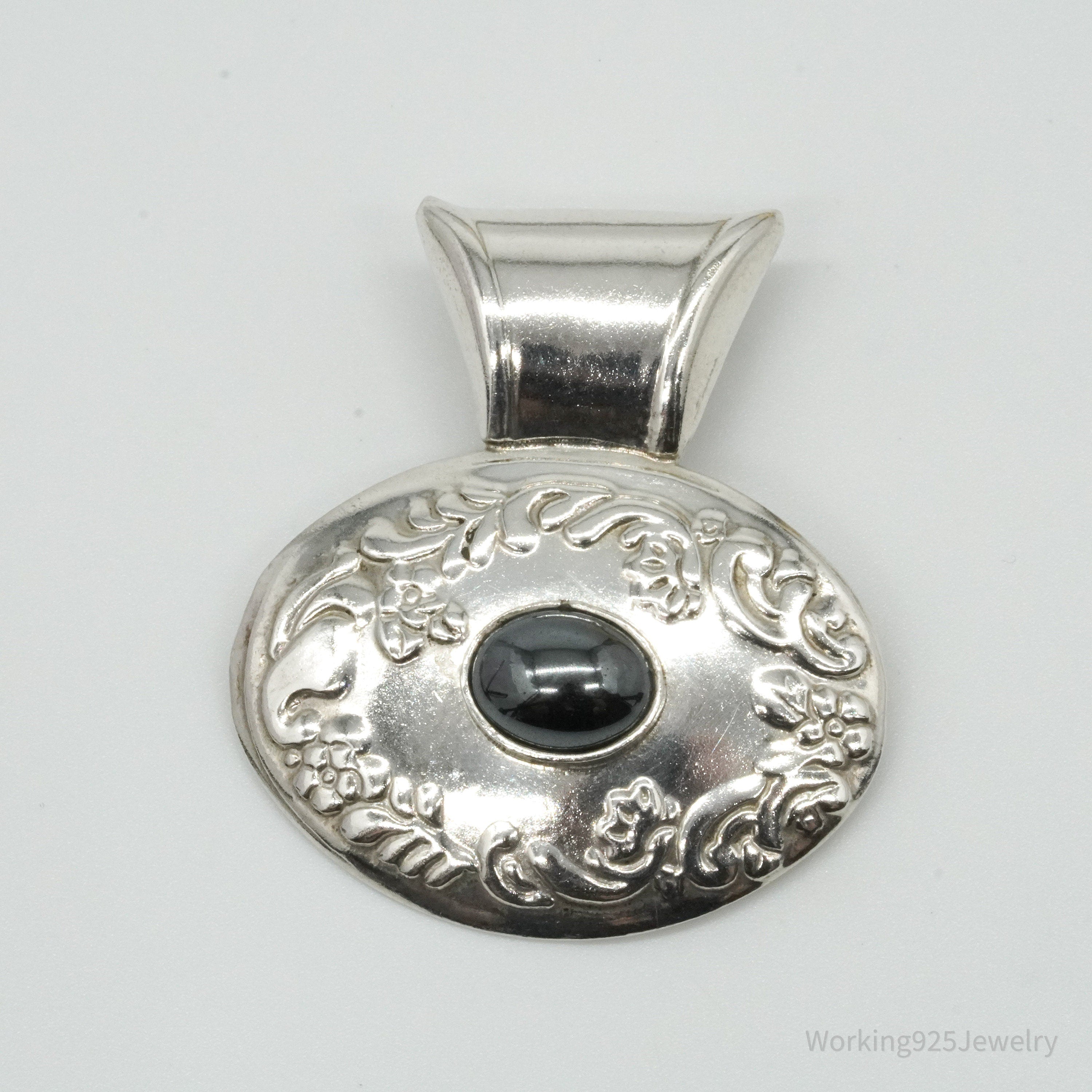 Large Vintage Mexico Hematite Floral Sterling Silver Pendant