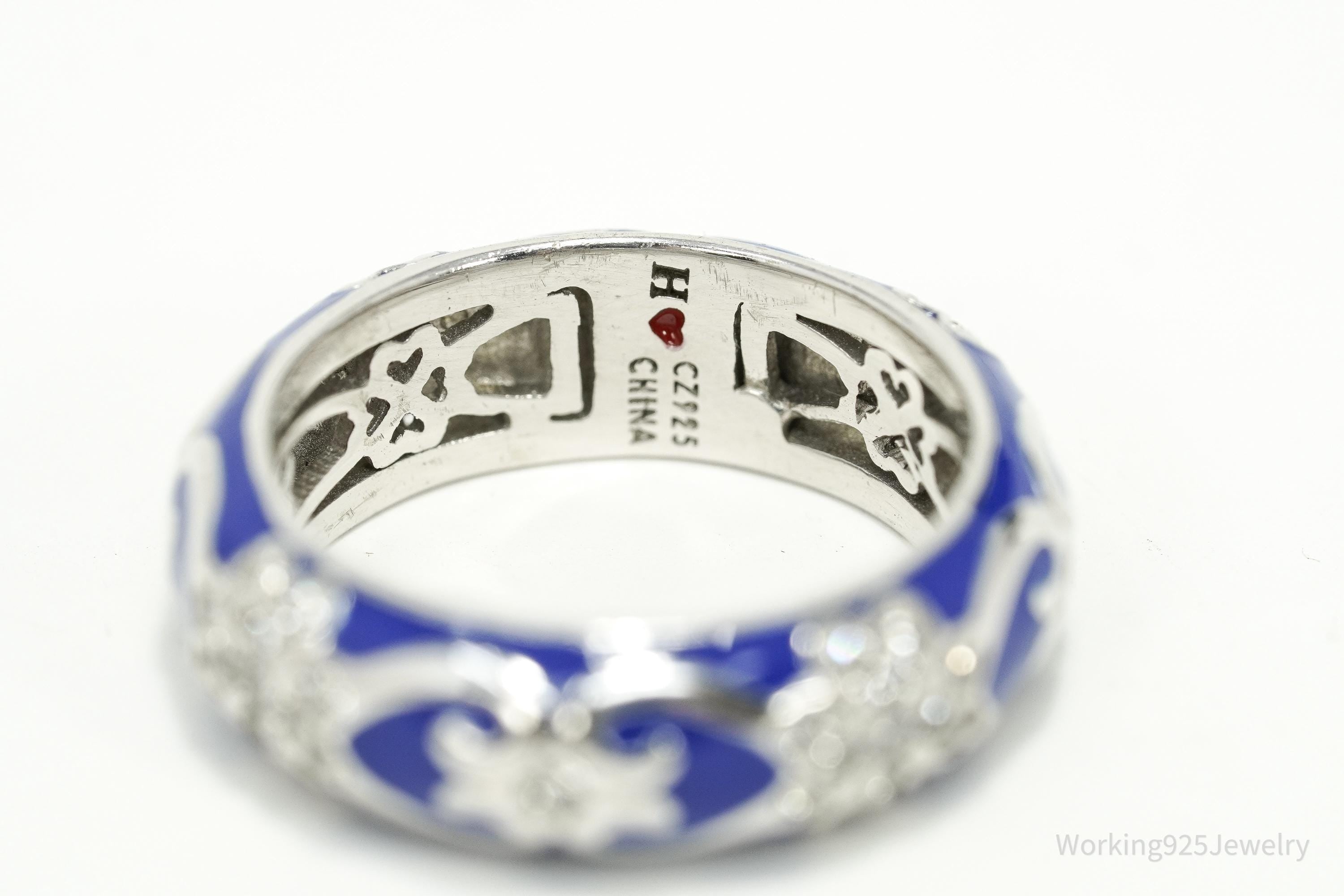 Y2K Blue Enamel & Cubic Zirconia Sterling Silver Band Ring – Size 7.25