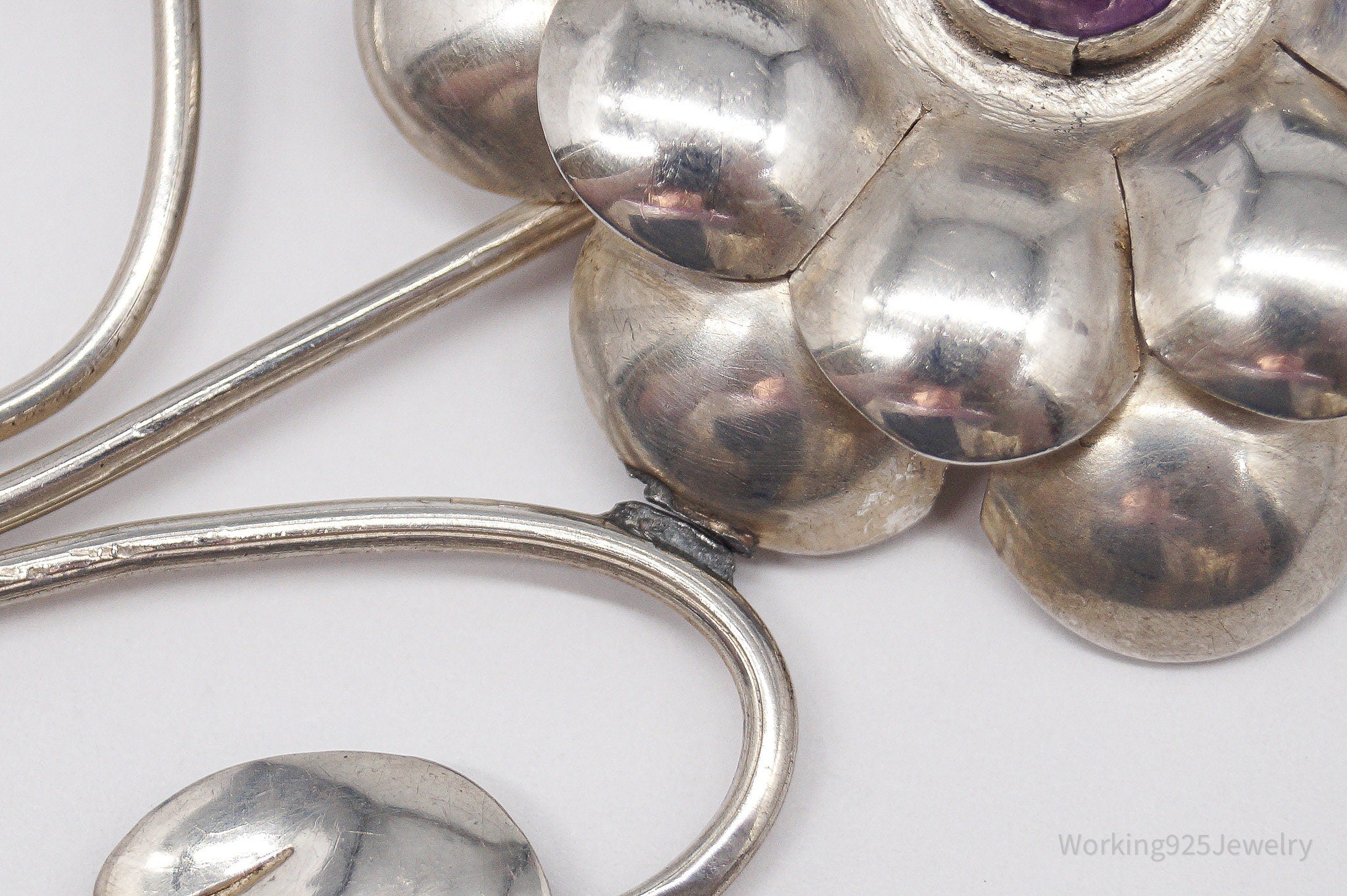 Large Vintage Mexico Modernist Flower Amethyst & Sterling Silver Brooch Pin