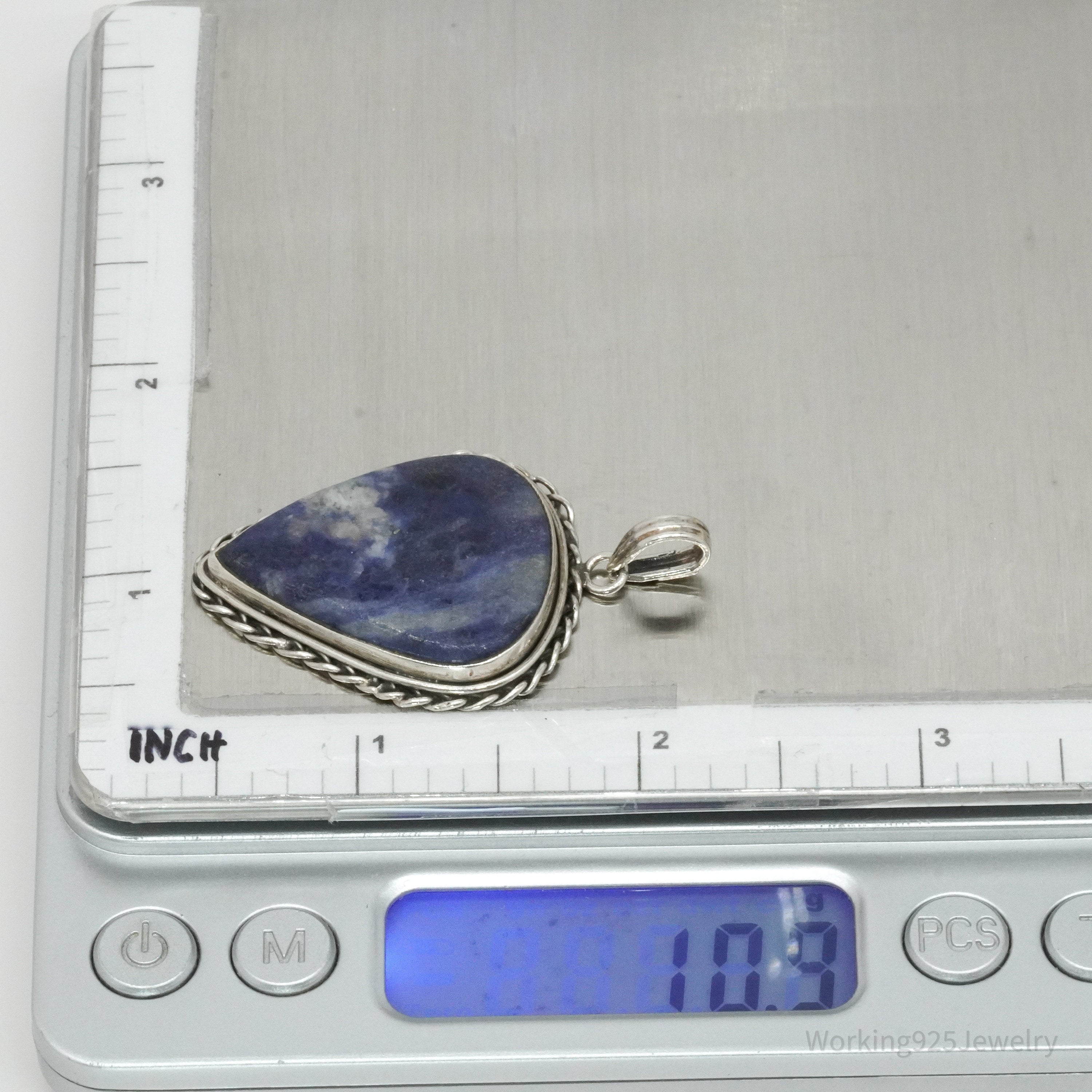 Vintage Sodalite Sterling Silver Pendant 1 7/8"