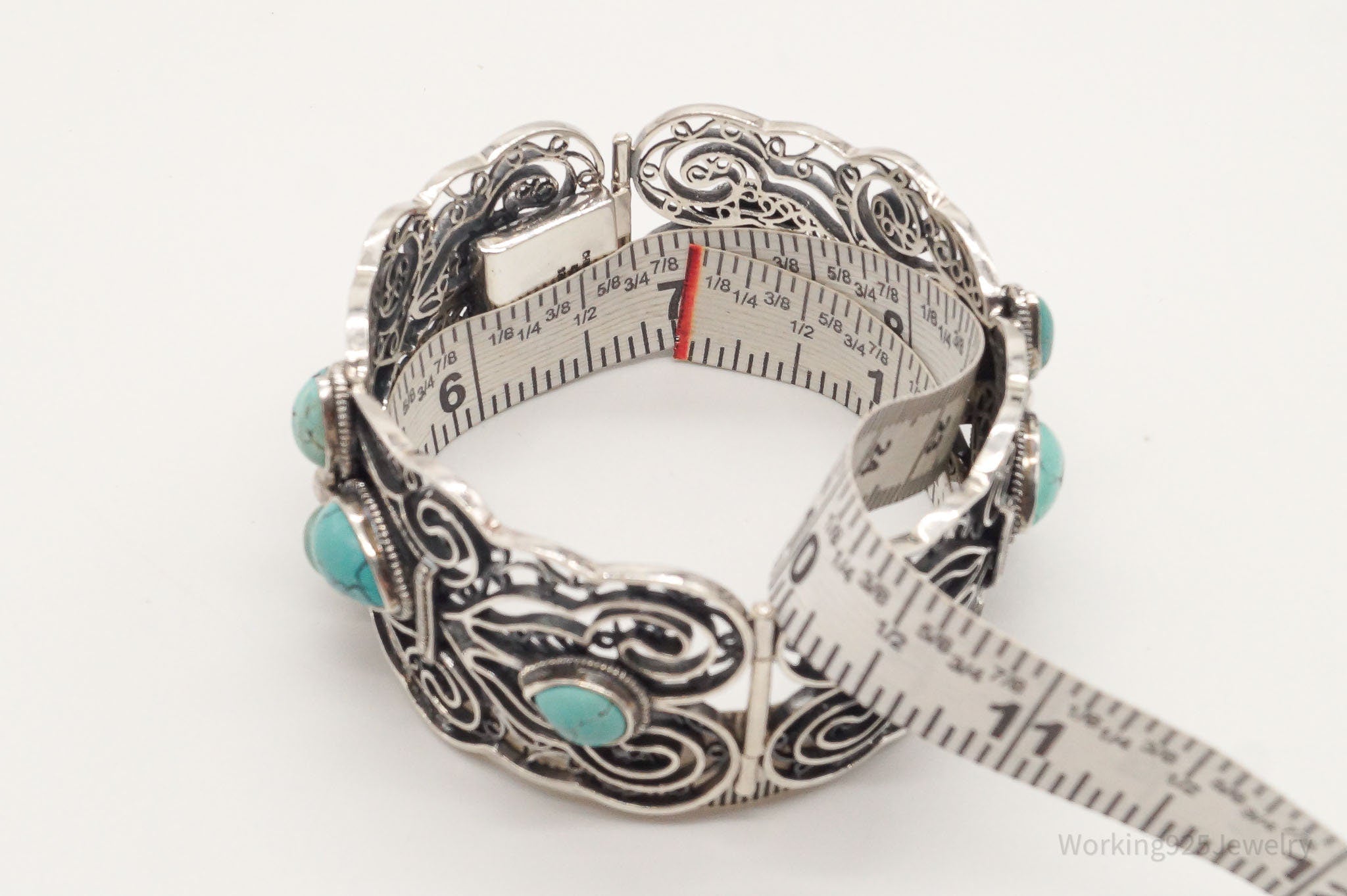 Vintage Chinese Designer BJ Turquoise Filigree Sterling Silver Cuff Bracelet