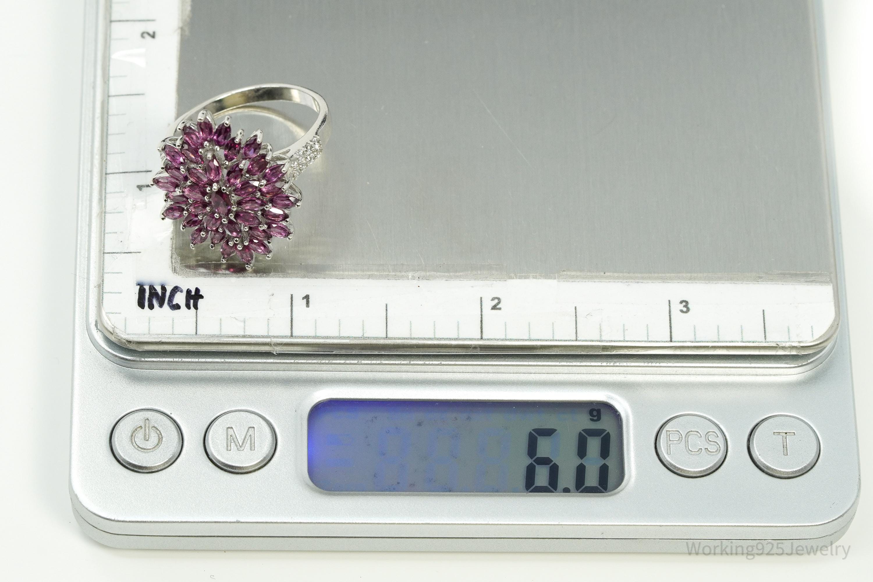 Rhodolite Garnet & White Zircon Sterling Silver Ring - Size 10.25