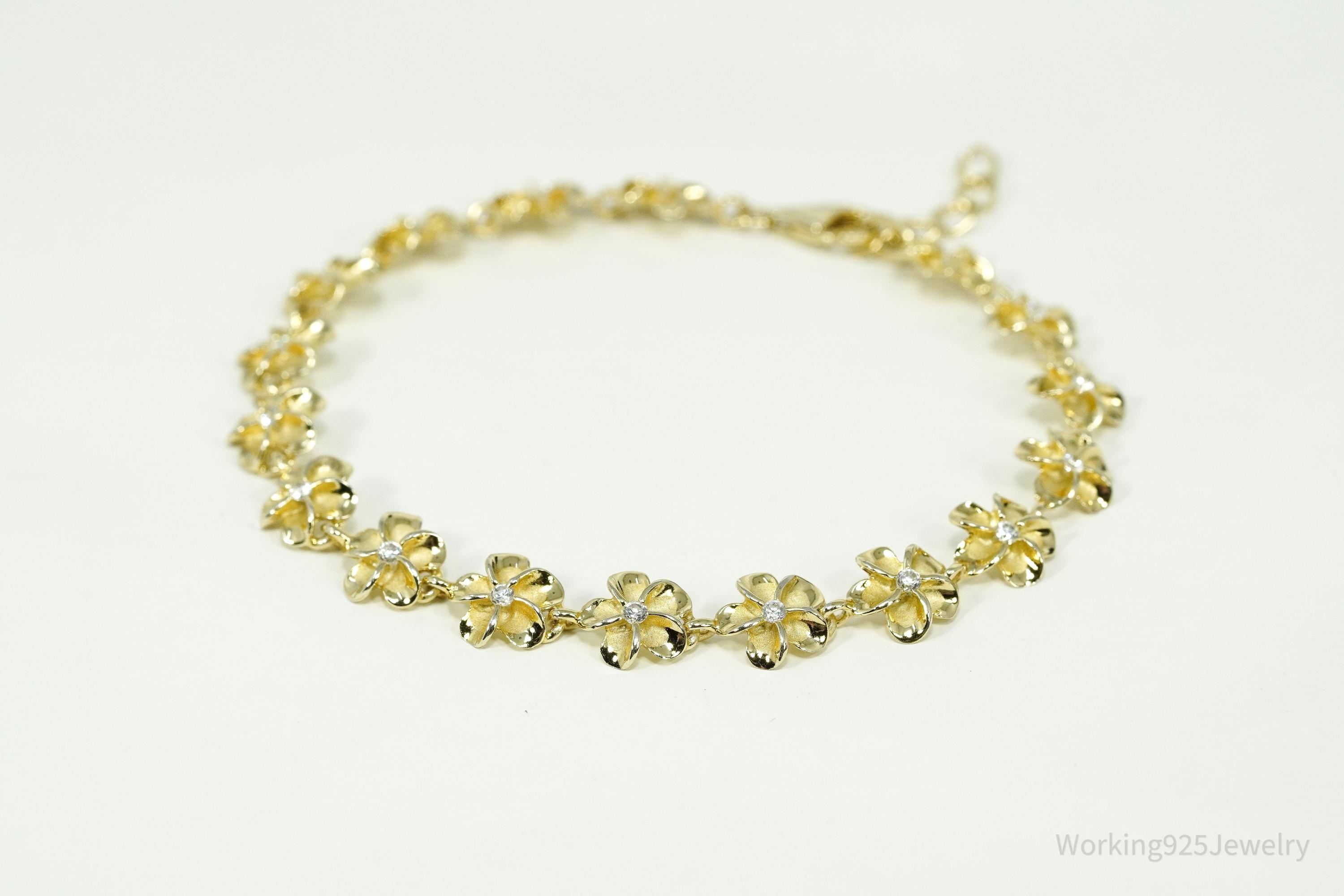 Vintage Cubic Zirconia Gold Vermeil Sterling Silver Flowers Tennis Bracelet 7.75"