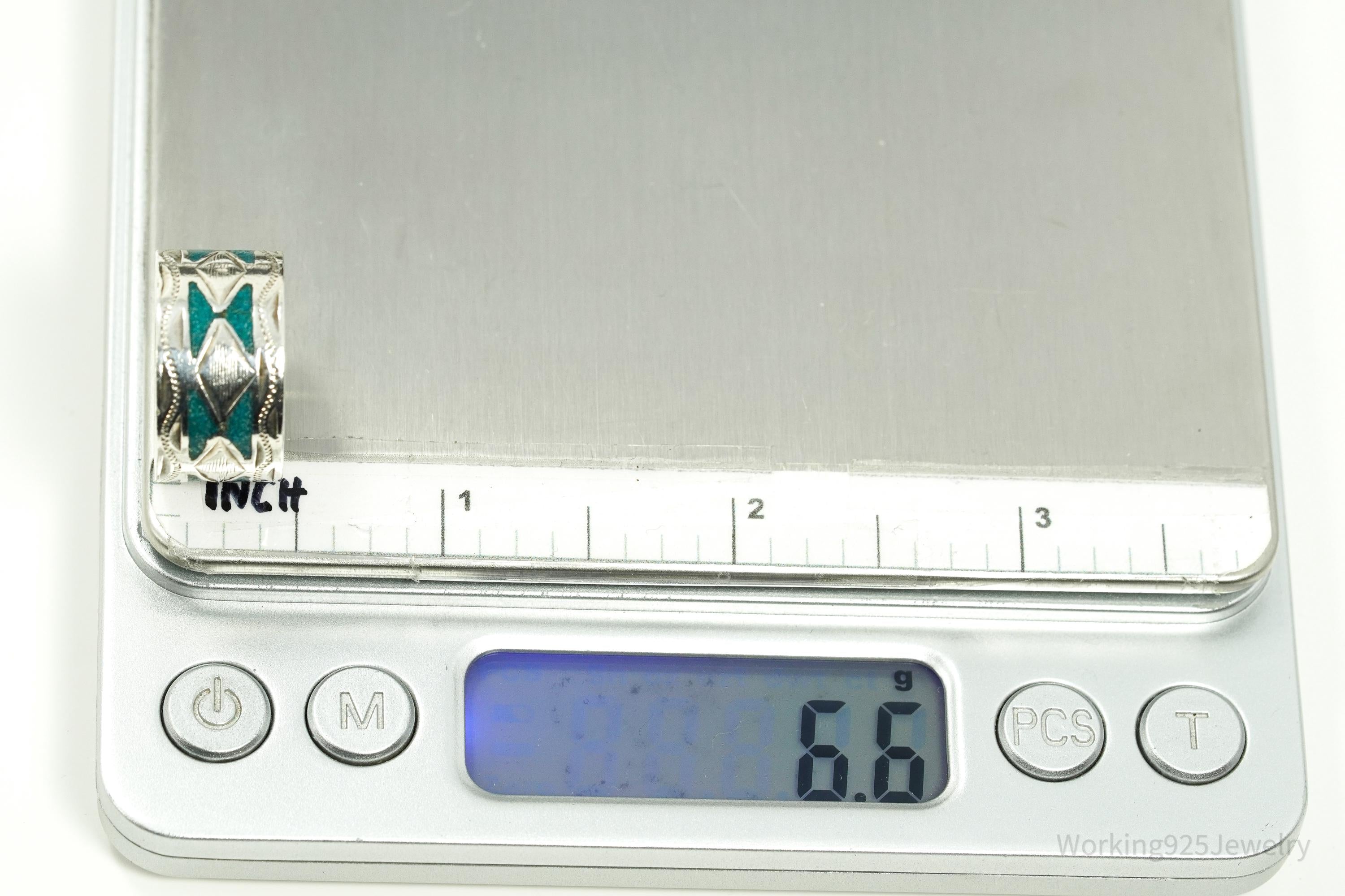 Vintage Mexico JGM Turquoise Inlay Sterling Silver Ring - Size 7.25