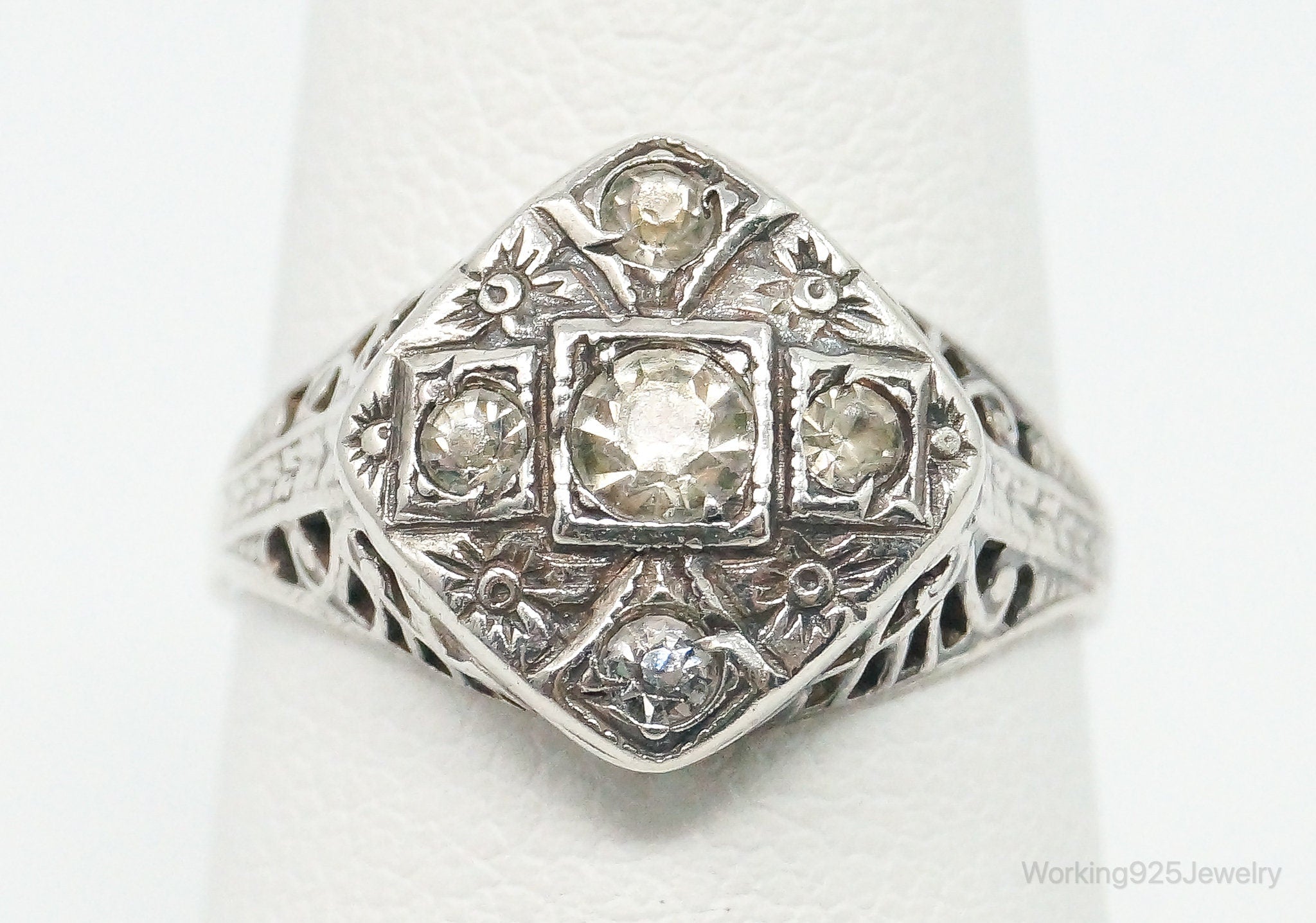 Antique Faux Diamond Sterling Silver Ring - Size 6