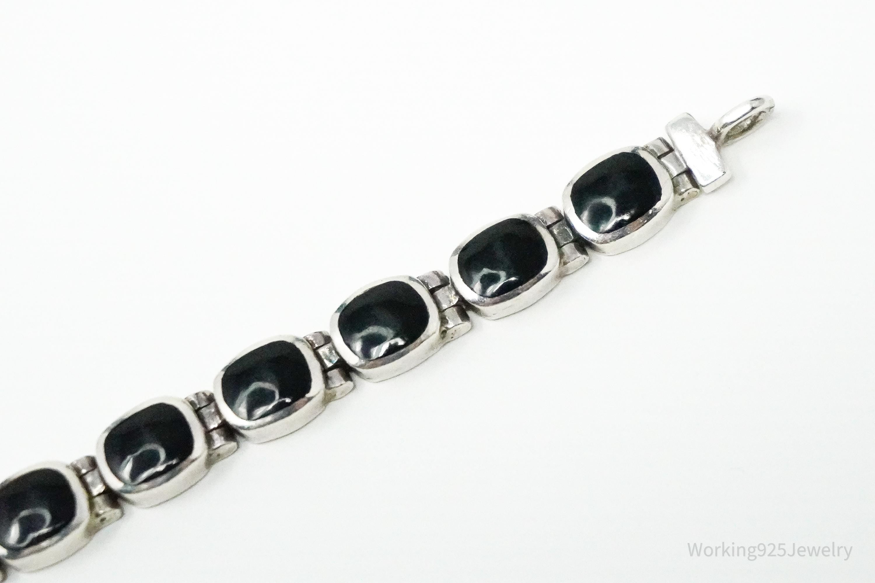 Vintage Southwestern Designer Peyote Bird Black Onyx Inlay Sterling Silver Bracelet 7.5