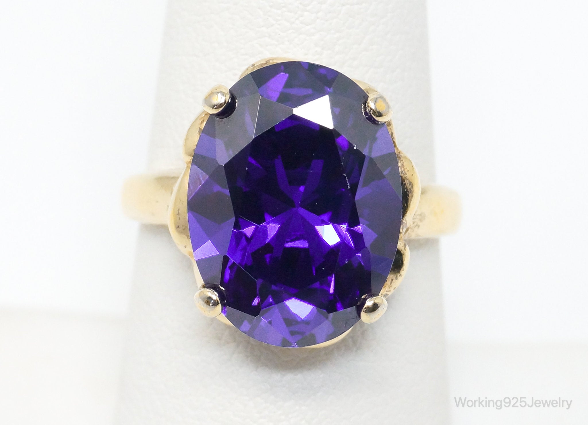 Vintage Large Purple Cubic Zirconia Gold Vermeil Sterling Silver Ring Size 7.75