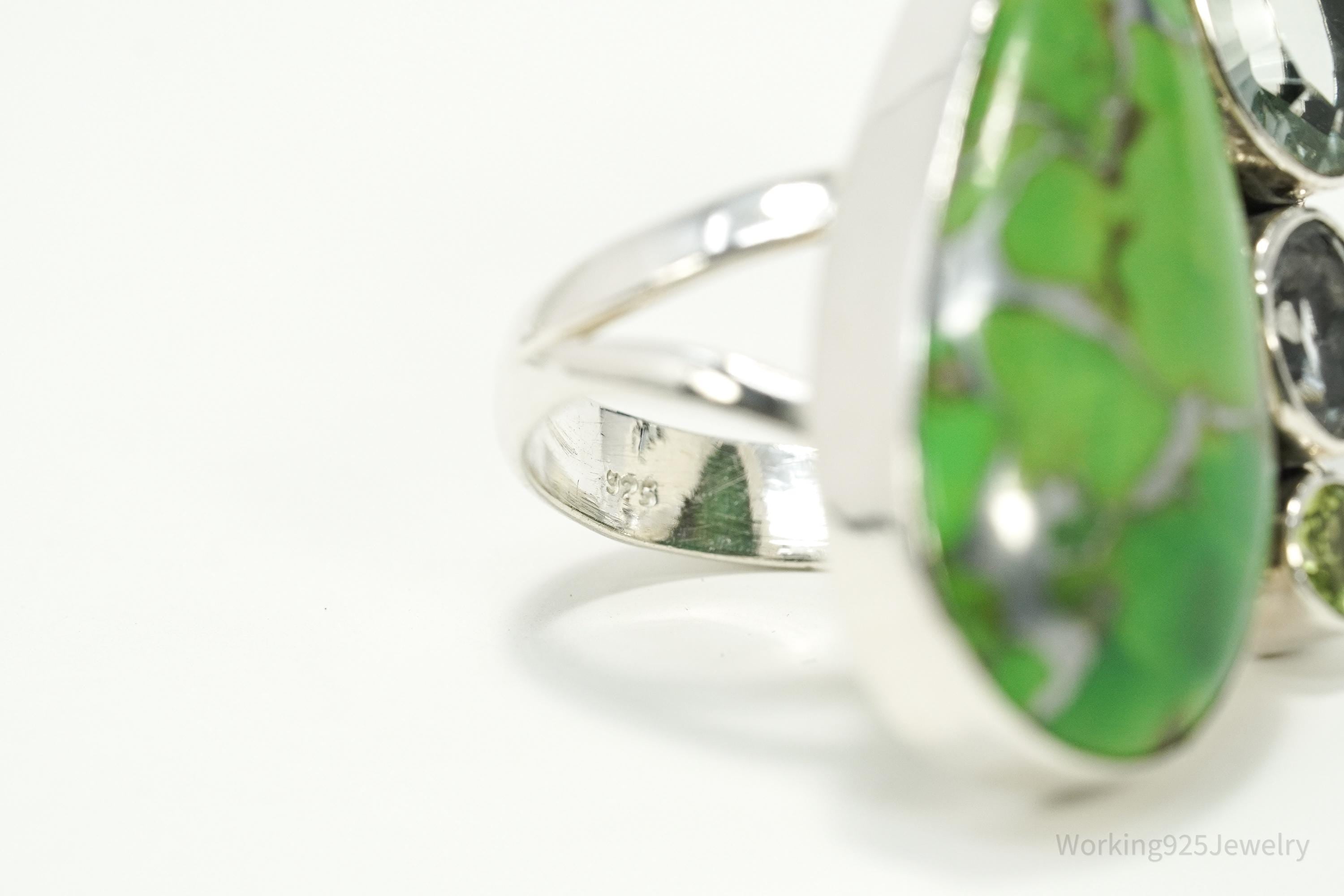Vintage Green Mojave Turquoise Multi Gemstone Sterling Silver Ring - Size 8.5