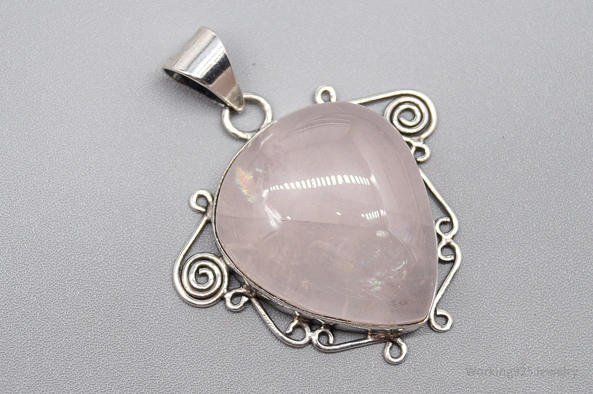 Large Vintage Rose Quartz Sterling Silver Pendant