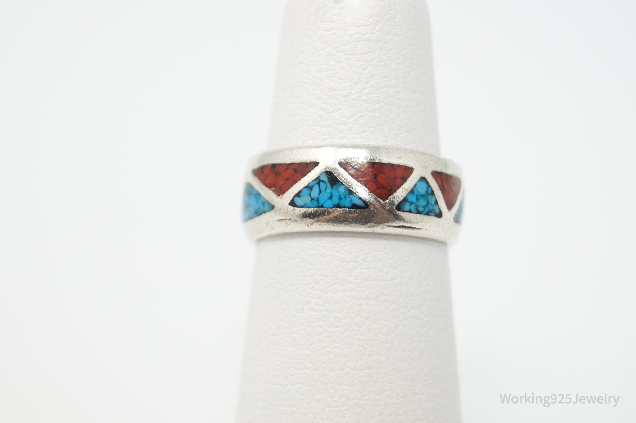 Vtg Southwestern Crushed Turquoise Coral Sterling Silver Ring - Sz 4