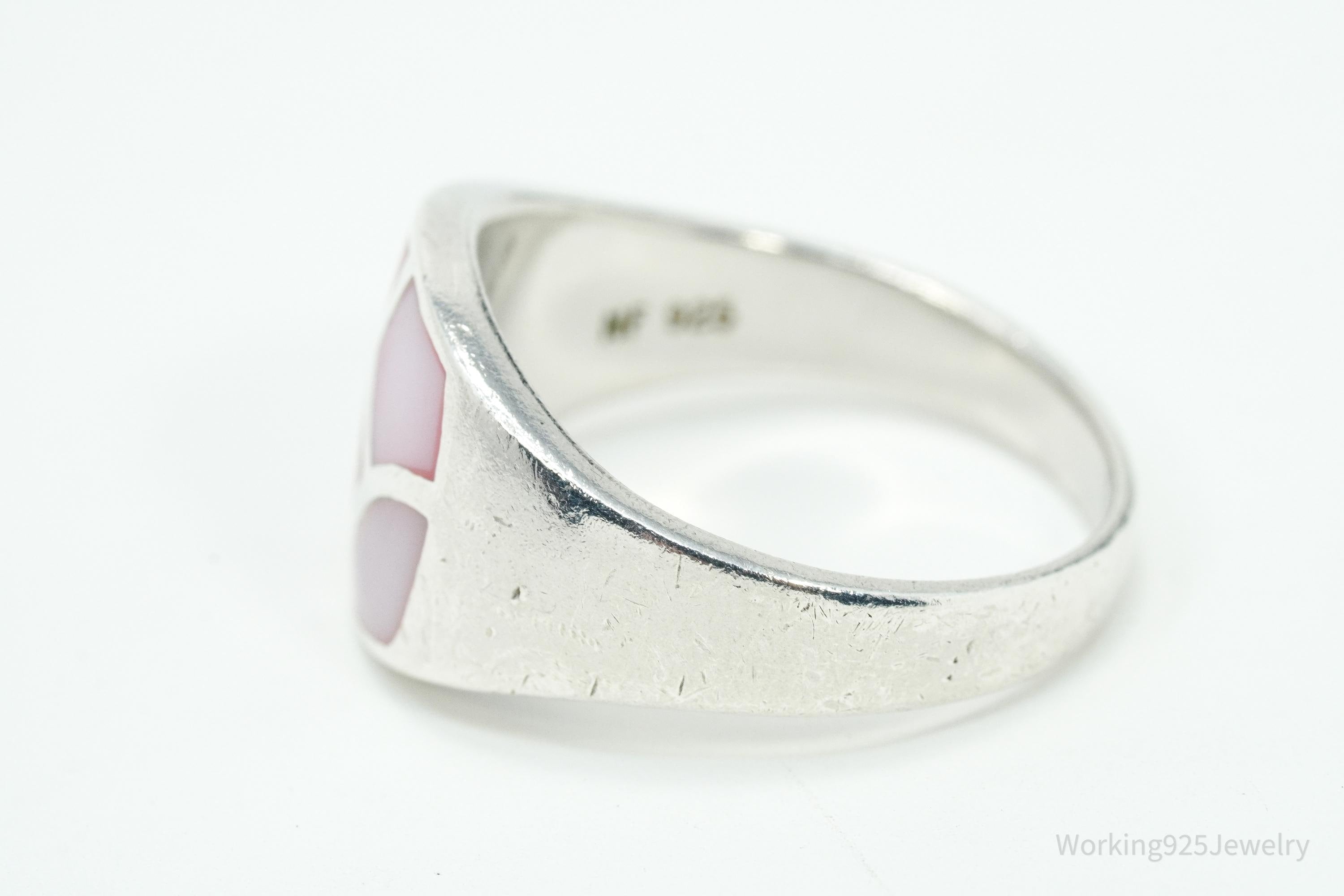 Vintage Pink Mother Of Pearl Inlay Sterling Silver Ring - Size 7.75