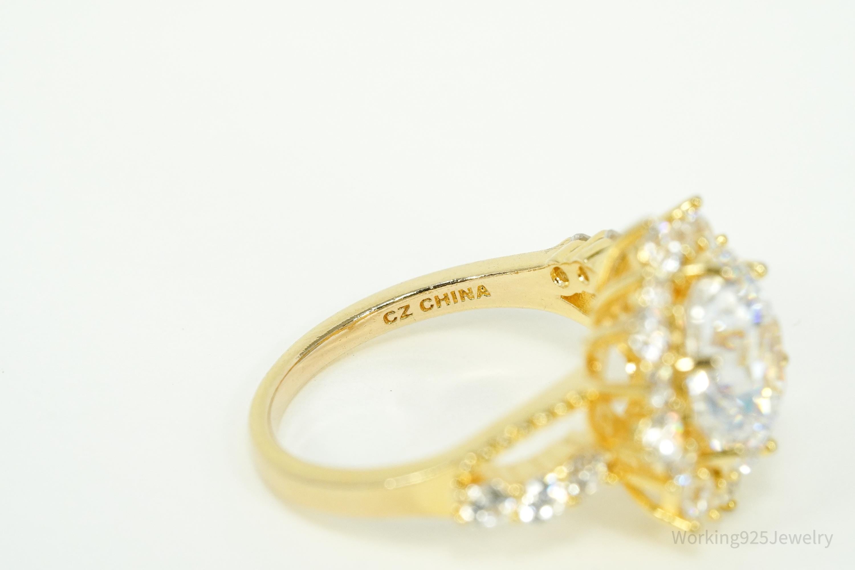 Large Cubic Zirconia Gold Over Sterling Silver Ring - Size 8