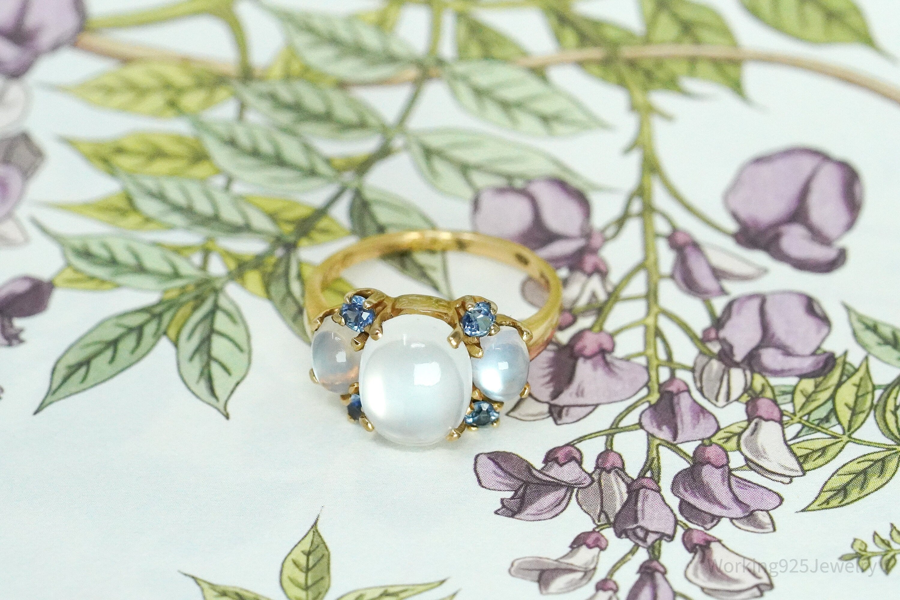 14K Yellow Gold Moonstone & Sapphire Cocktail Ring - Size 5 1/2
