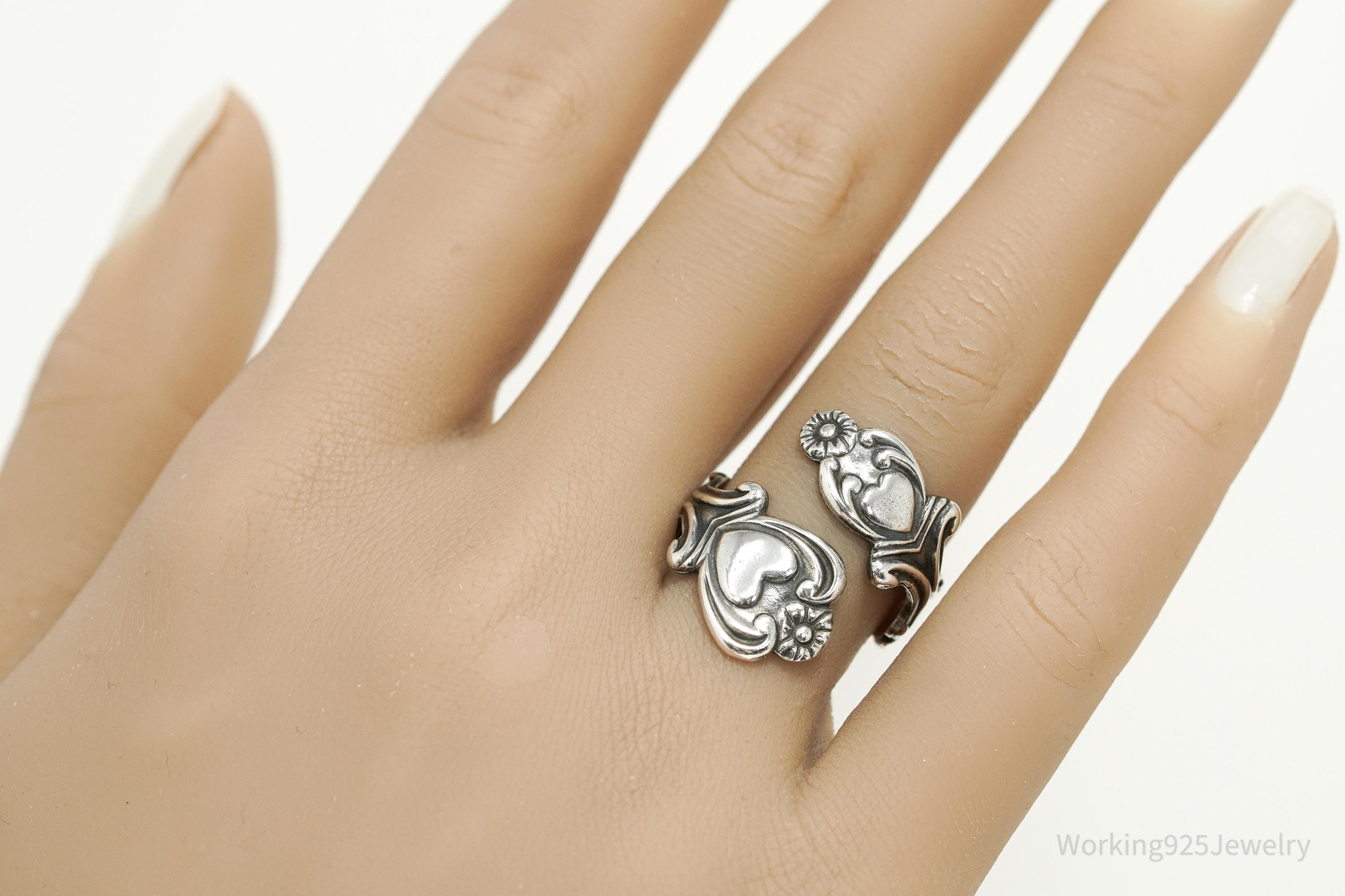 Vintage Avon Hearts & Flowers Sterling Silver Adjustable Wrap Spoon Ring - Size 7.5