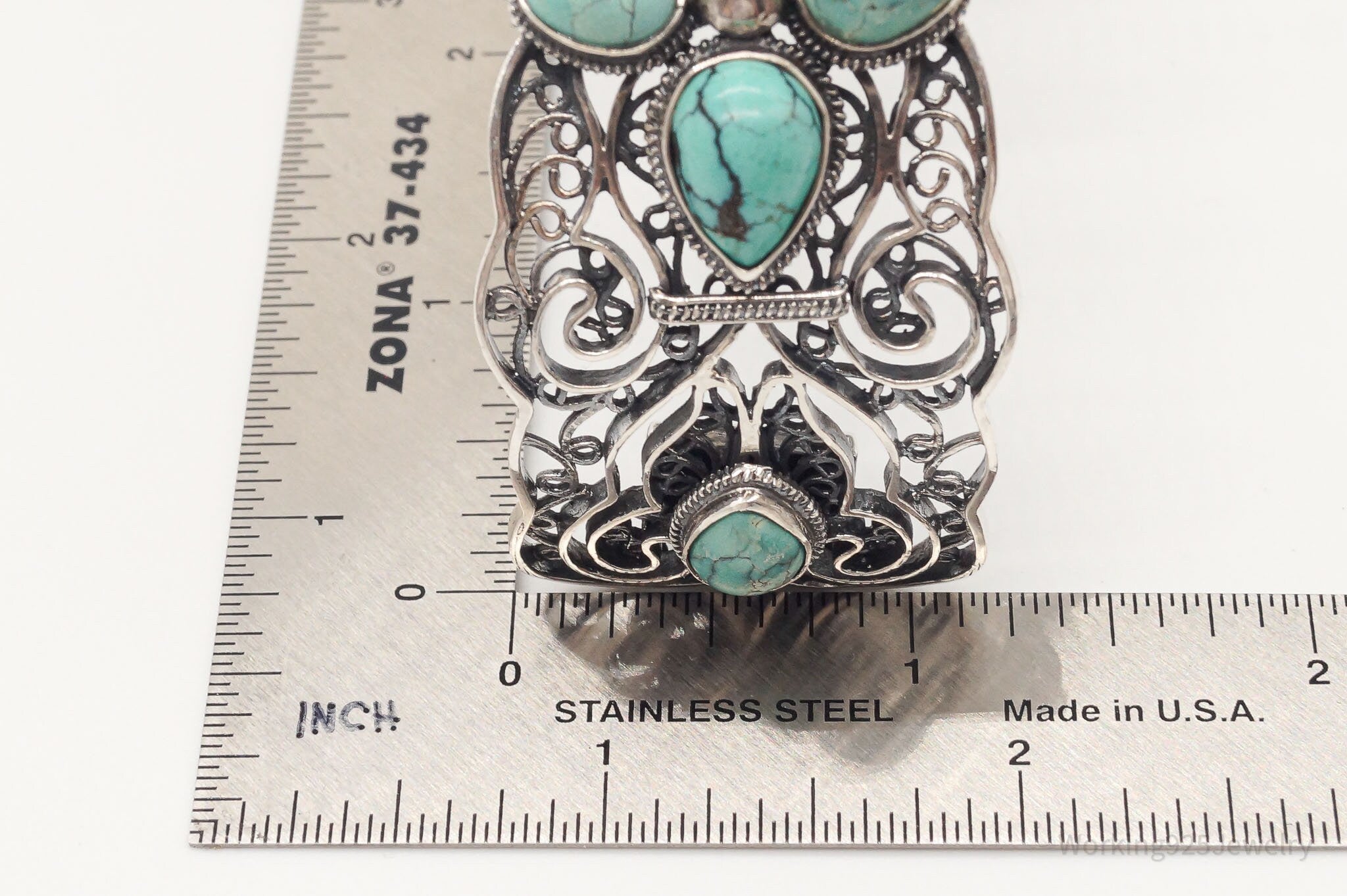 Vintage Chinese Designer BJ Turquoise Filigree Sterling Silver Cuff Bracelet