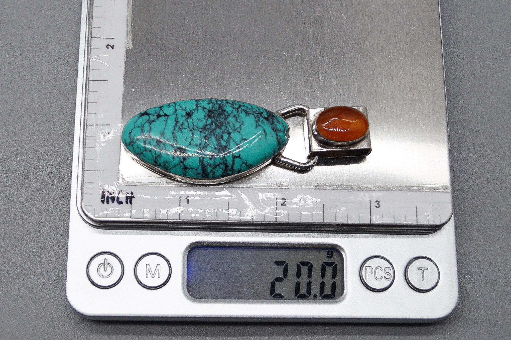 Large Vintage Mexico Modernist HOB Turquoise Carnelian Sterling Silver Pendant
