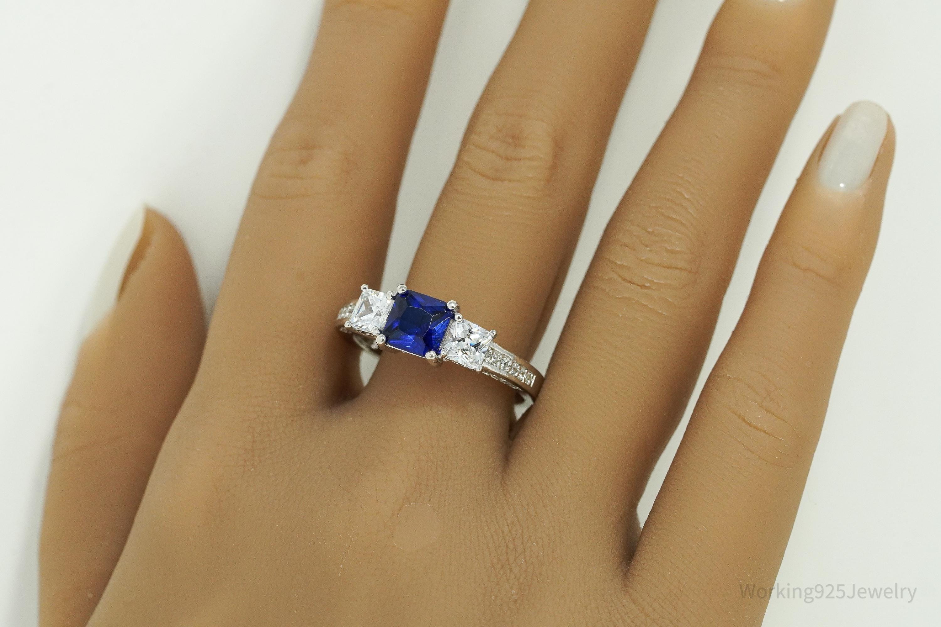 Vintage Lab Sapphire & Cubic Zirconia Sterling Silver Ring - Size 12.25