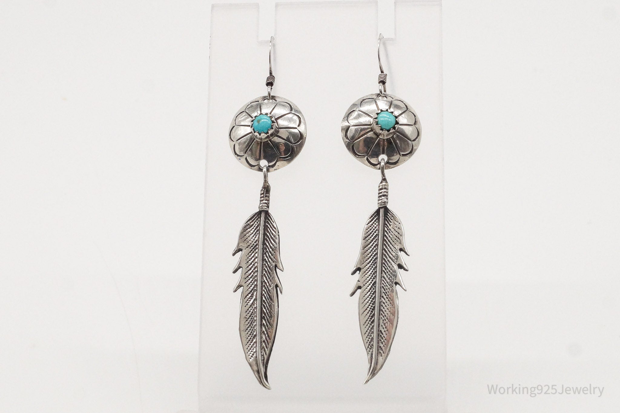 Vintage Native American Turquoise Feather Silver Earrings