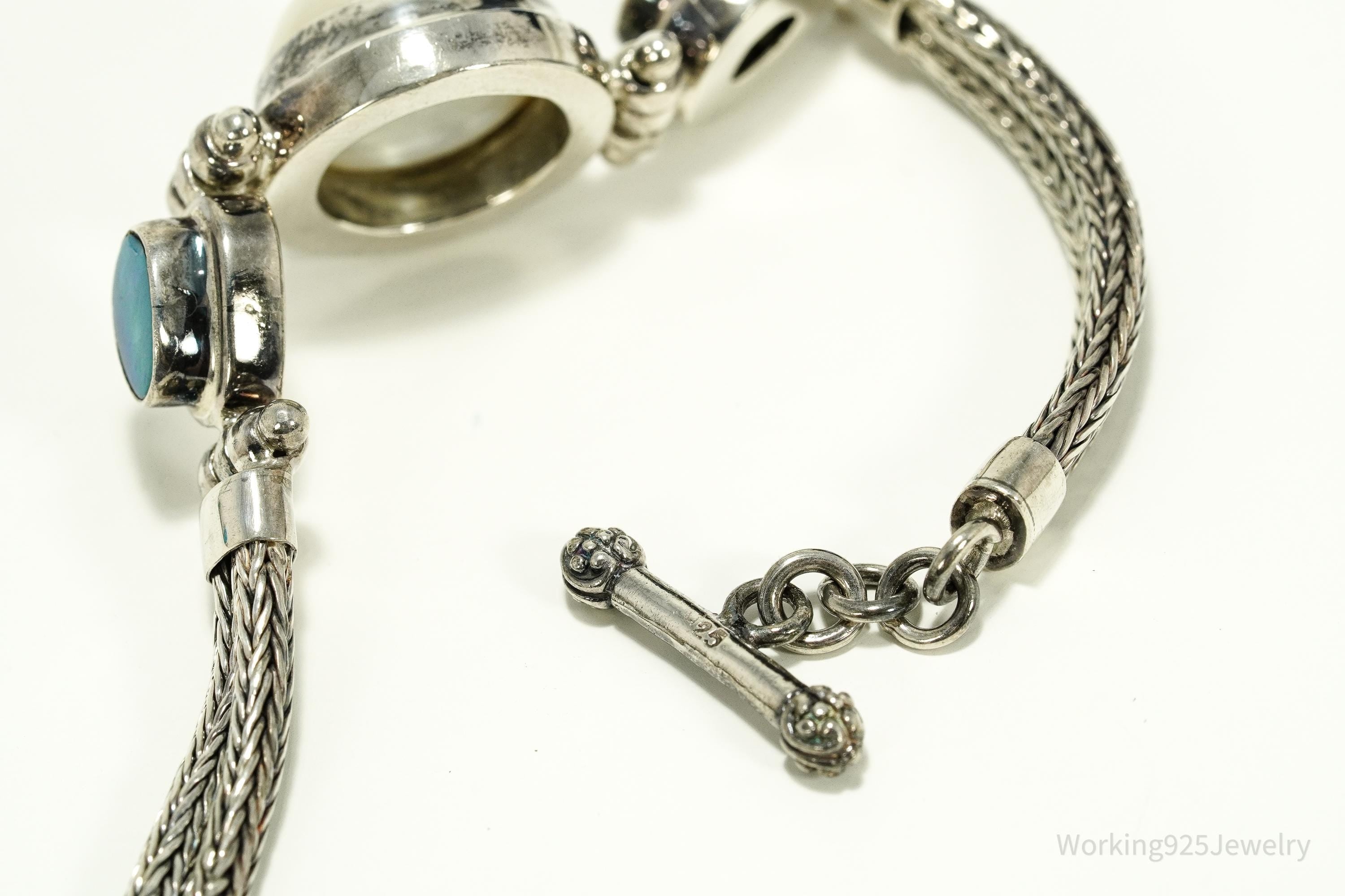 Vintage White Pearl & Opal Sterling Silver Toggle Bracelet 7 1/8"
