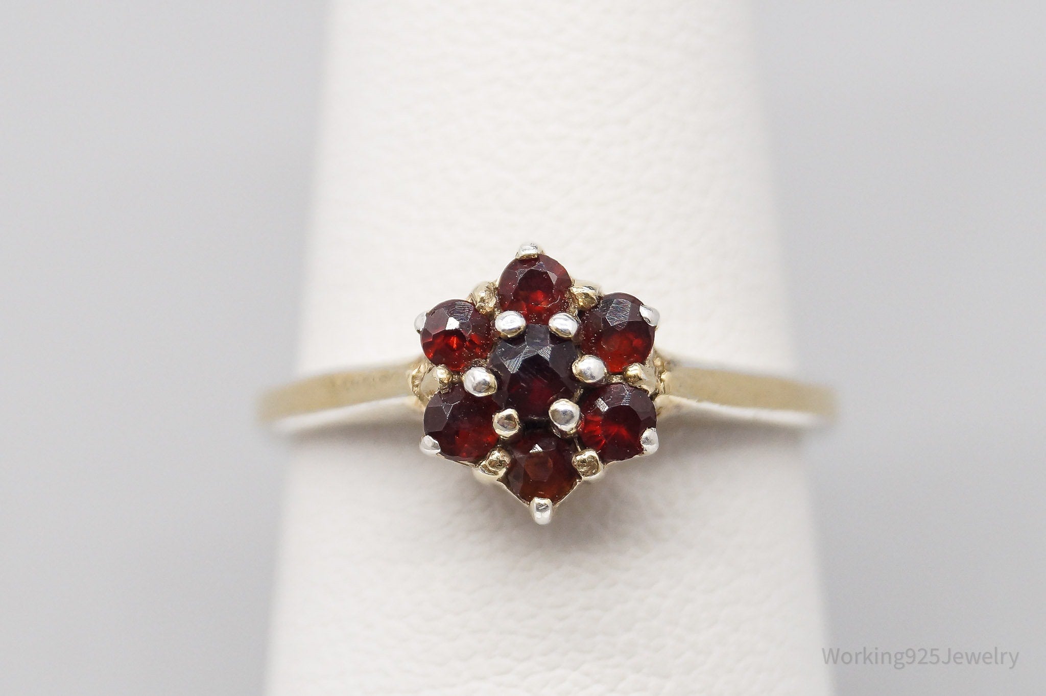 Vintage Bohemian Garnet Flower Gold Wash Sterling Silver Ring - Size 6.75