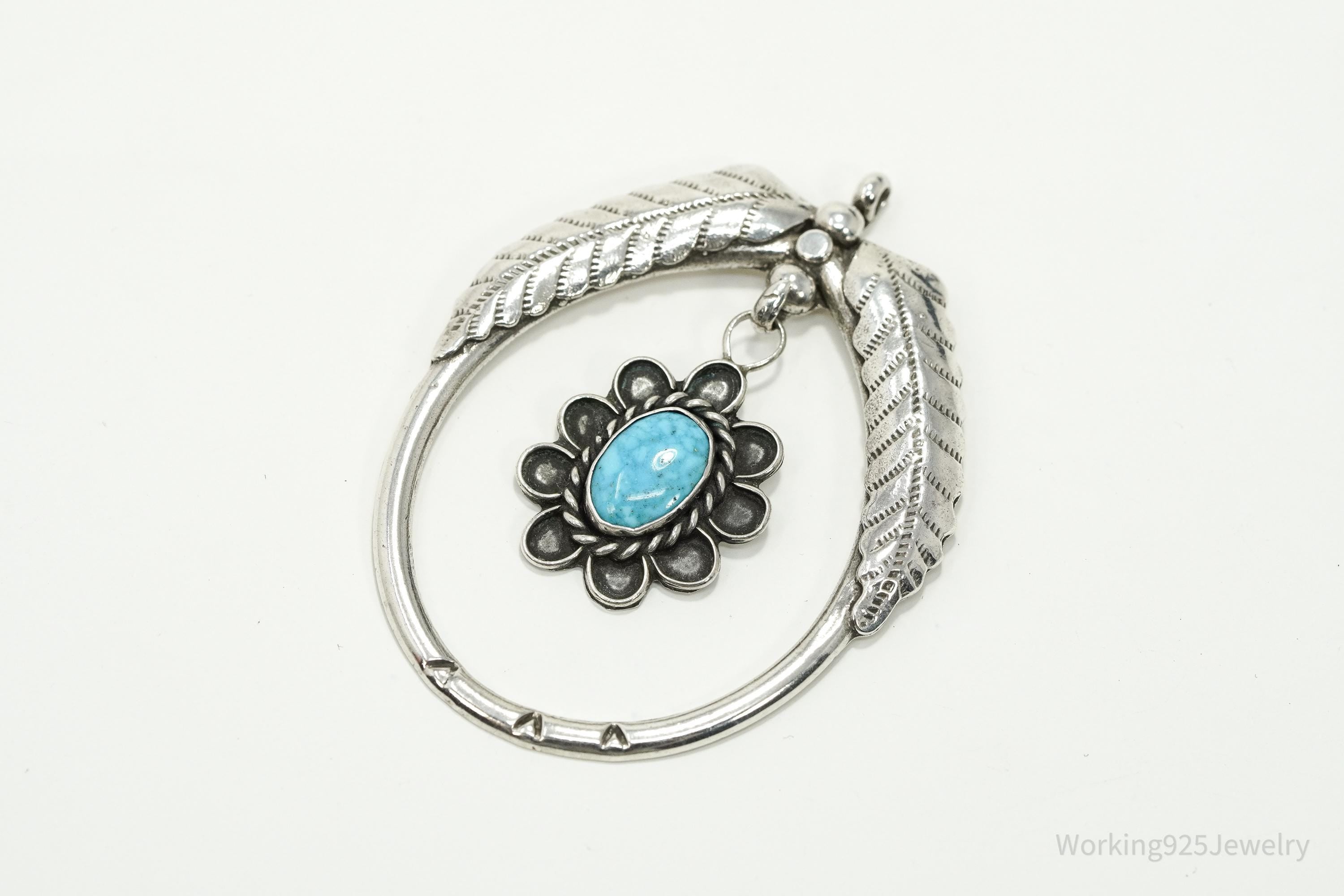 Vintage Mexican Handmade Large Turquoise Sterling Silver Pendant