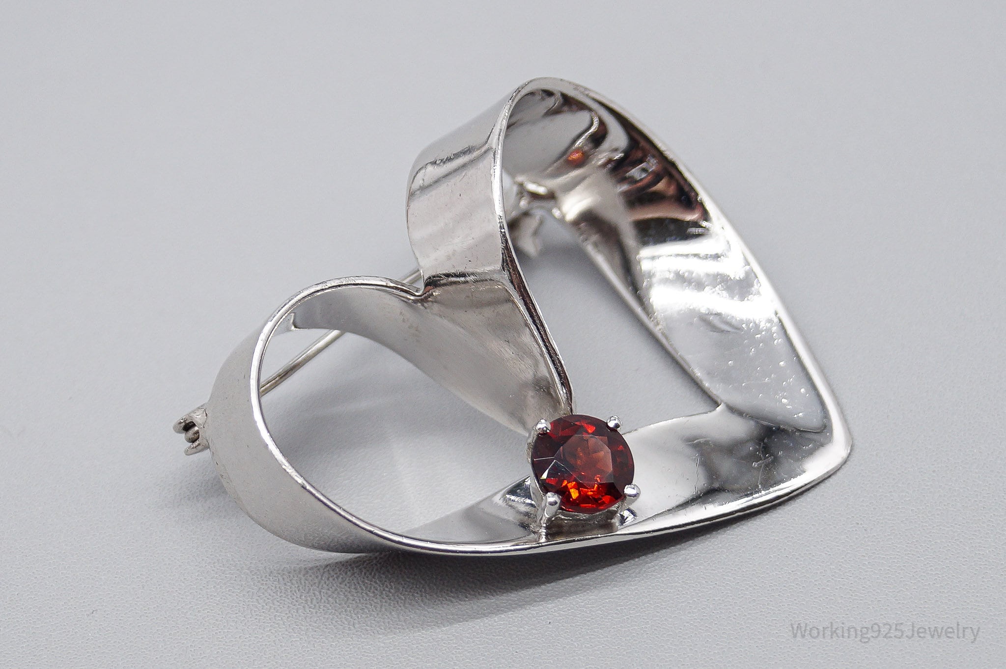 Large Vintage Garnet Heart Sterling Silver Brooch Pin