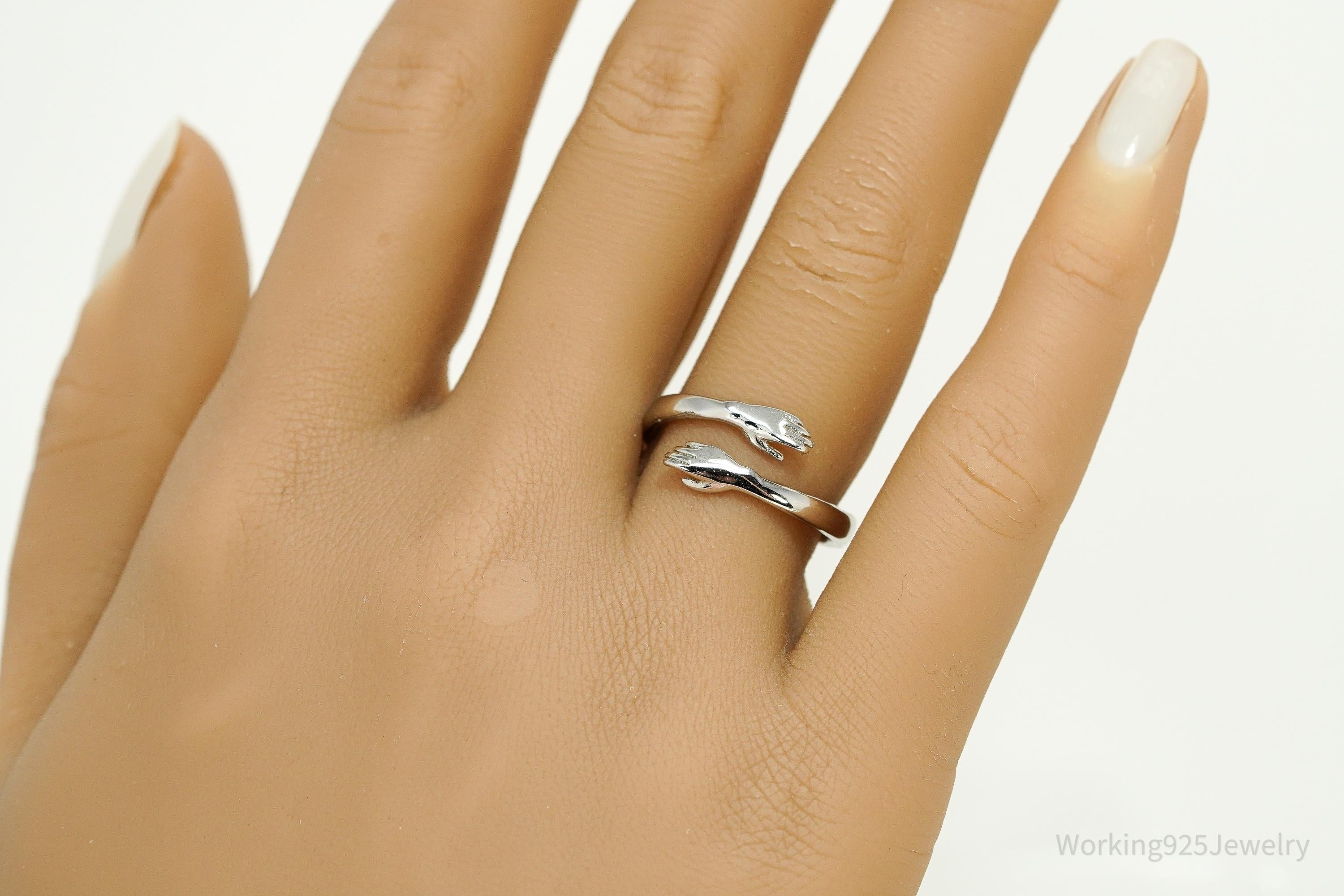 Vintage Hugging Hands Sterling Silver Wrap Ring - Size 8 Adjustable