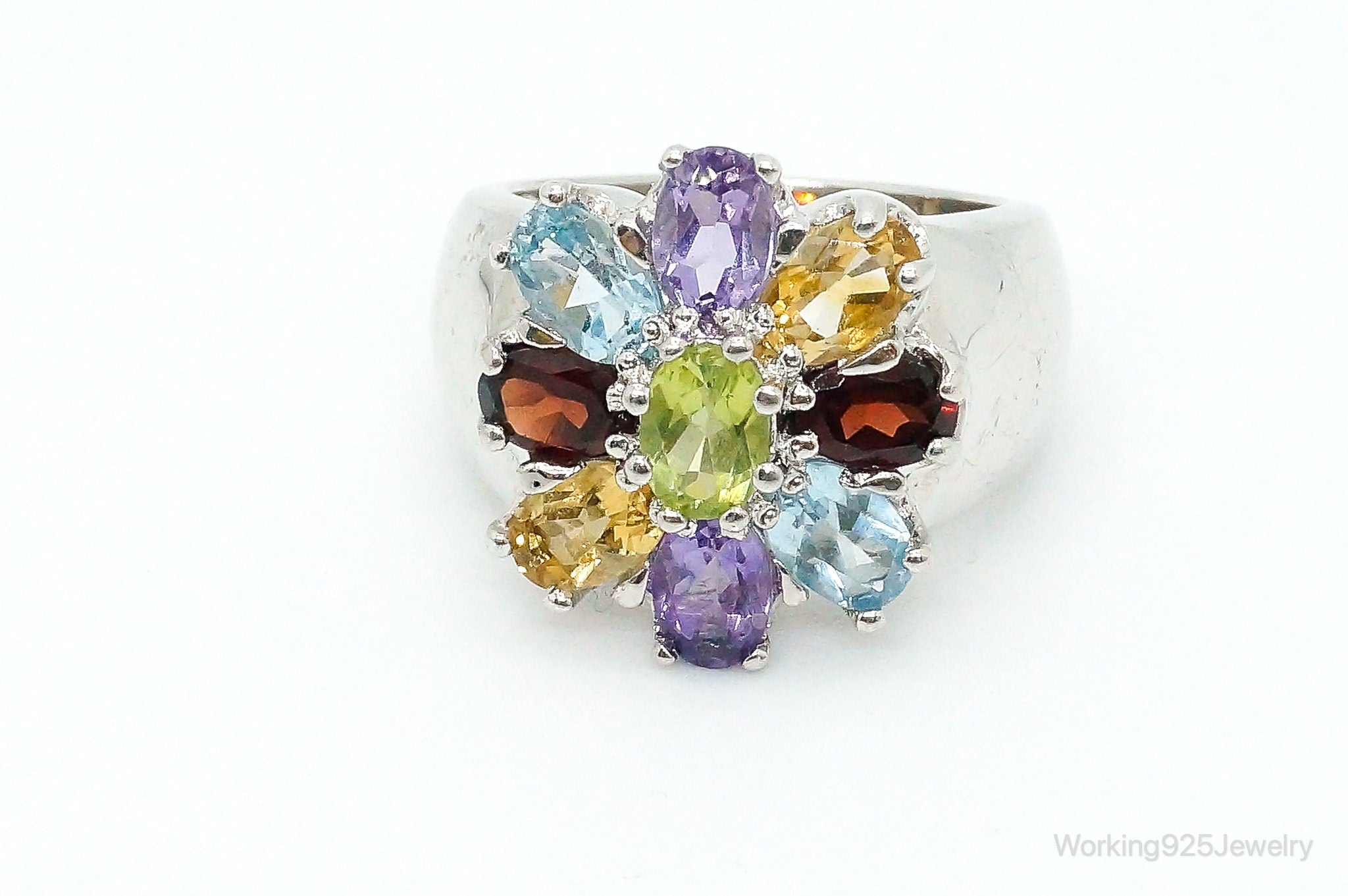 Vintage Multi Gem Sterling Silver Flower Ring - Size 7