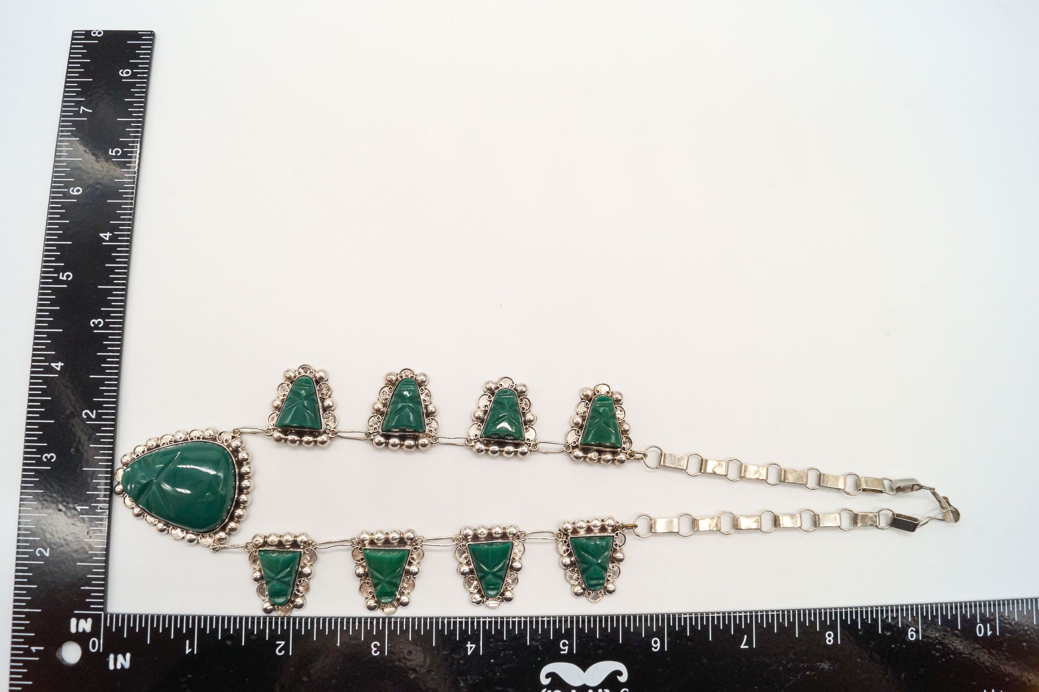 Vintage Mexico Green Onyx Carved Masks Sterling Silver Necklace