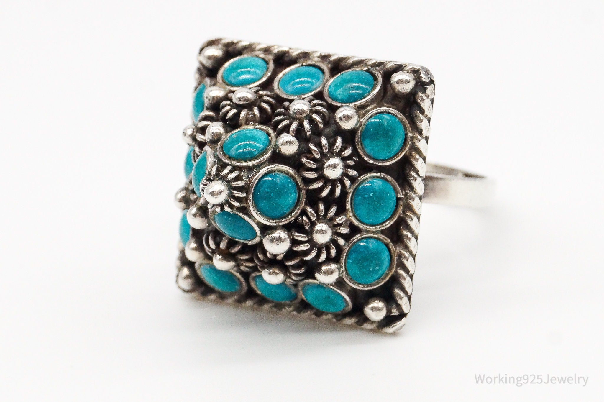 Vintage Mexico Turquoise Cannetille Silver Ring - Size 10 Adjustable