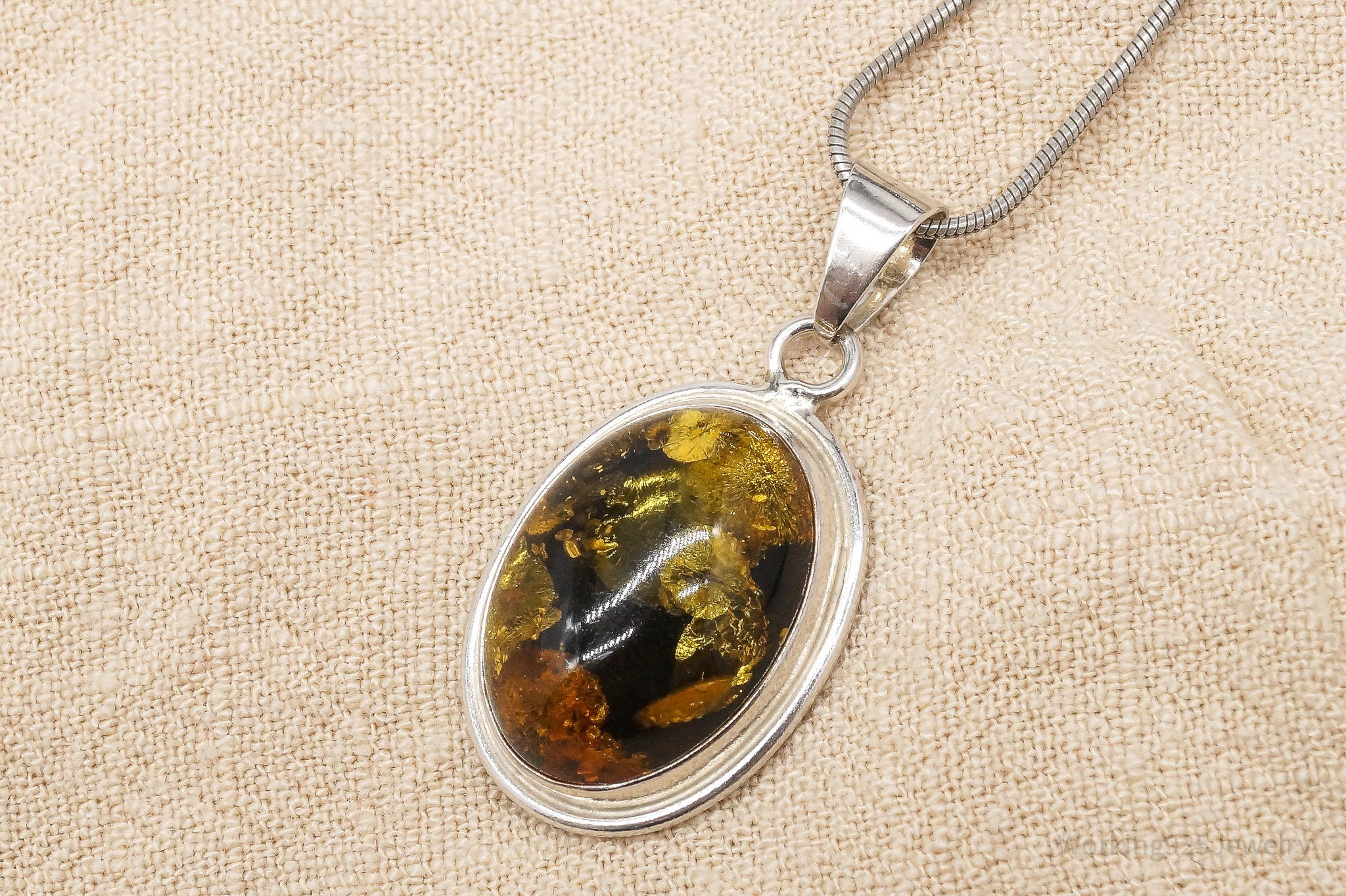 Vintage Large Amber Sterling Silver Chain Necklace 20"