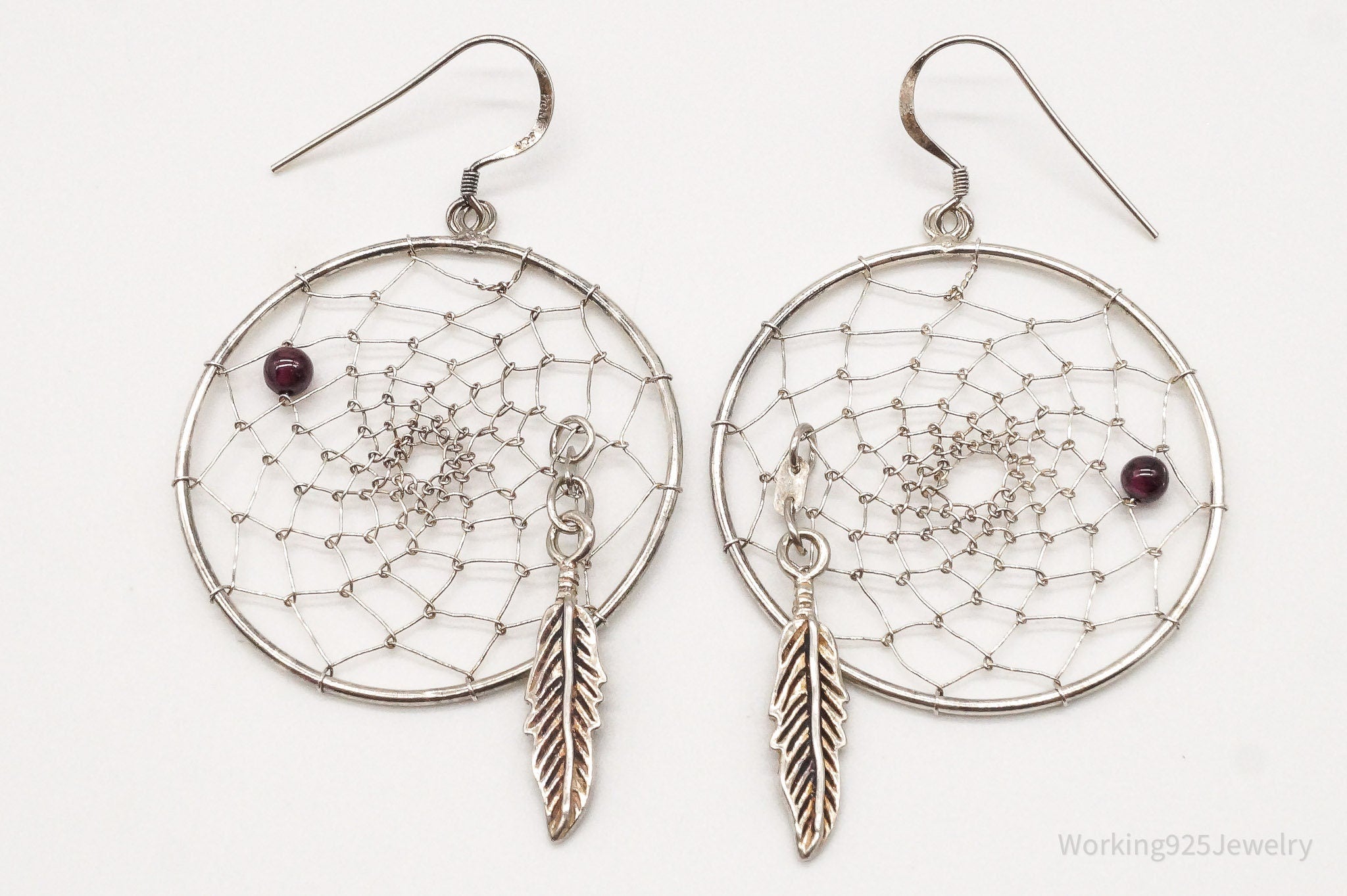 Vintage Native American Rhodolite Garnet Dream Catcher Sterling Silver Earrings