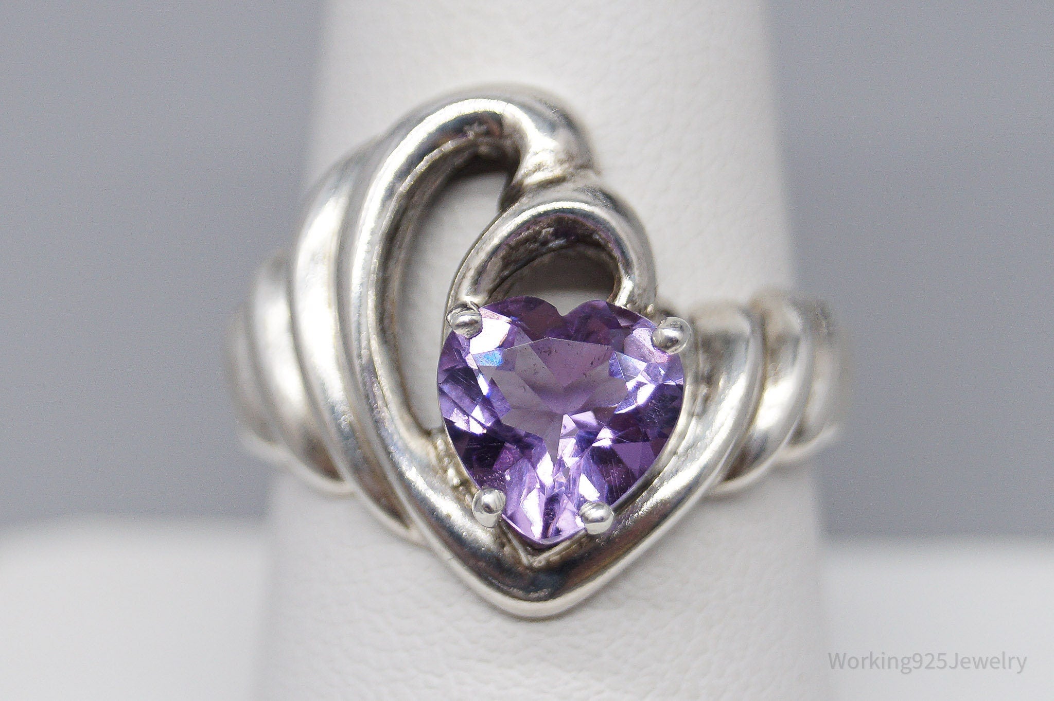 Vintage Amethyst Heart Sterling Silver Ring - Size 9