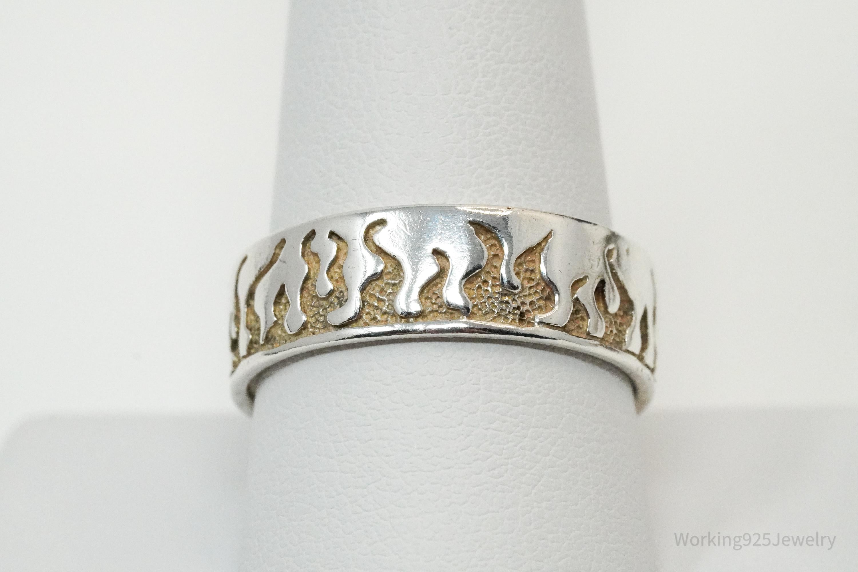 Vintage Fire Flames Sterling Silver Band Ring - Size 10.75