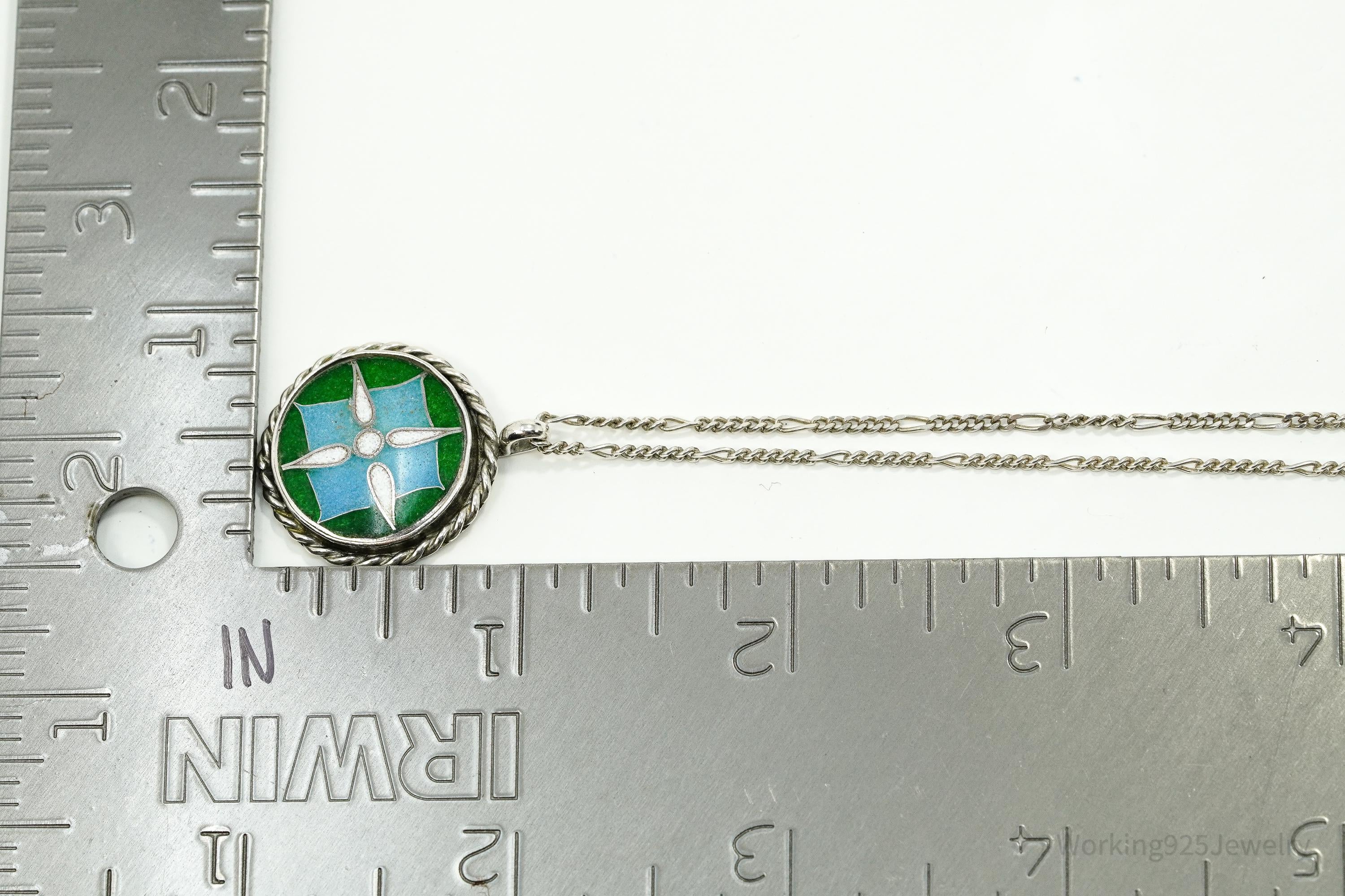 Vintage Green, Blue & White Enamel Inlay Sterling Silver Necklace 18"