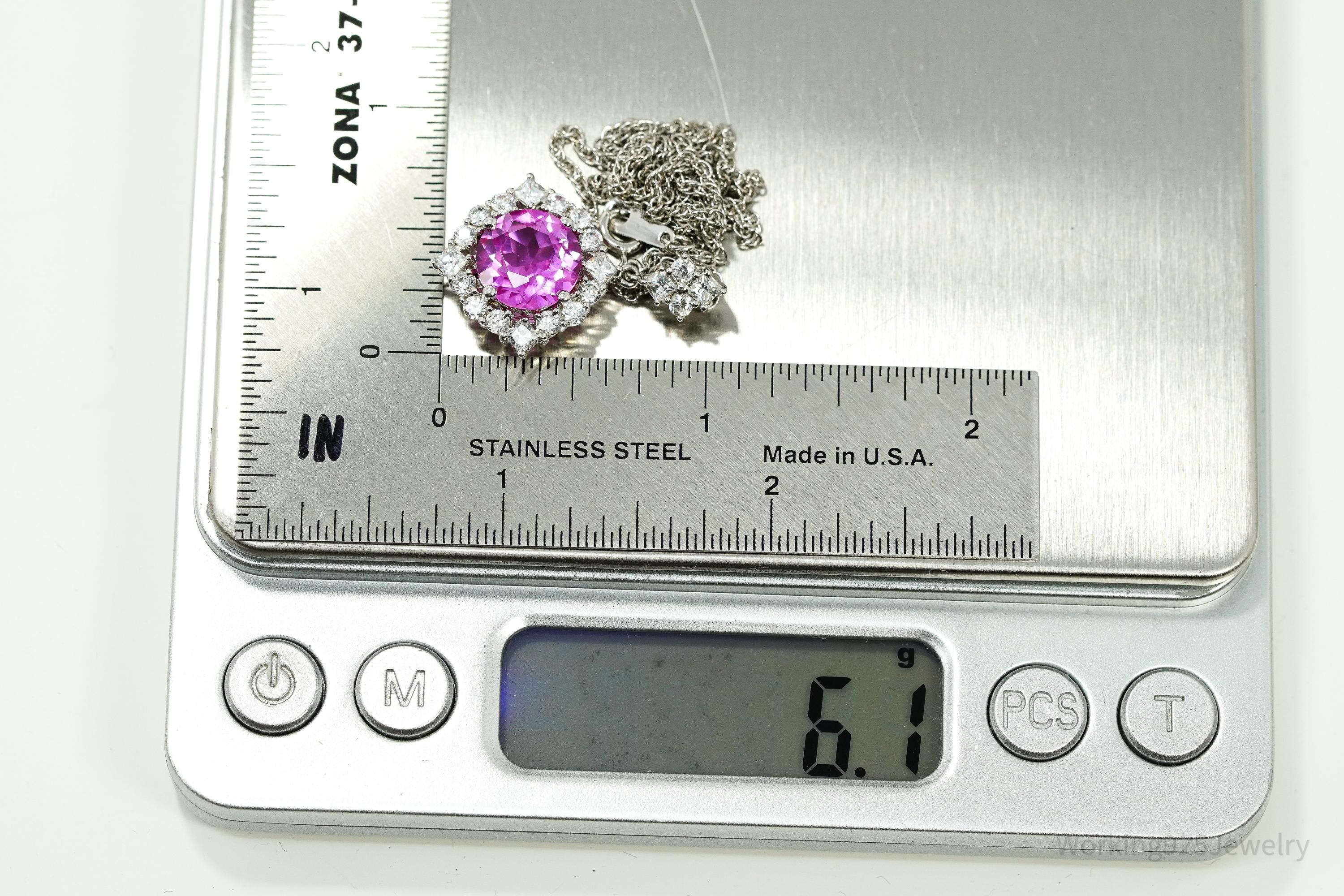 Vintage Synthetic Pink Sapphire & Cubic Zirconia Sterling Silver Necklace 18"