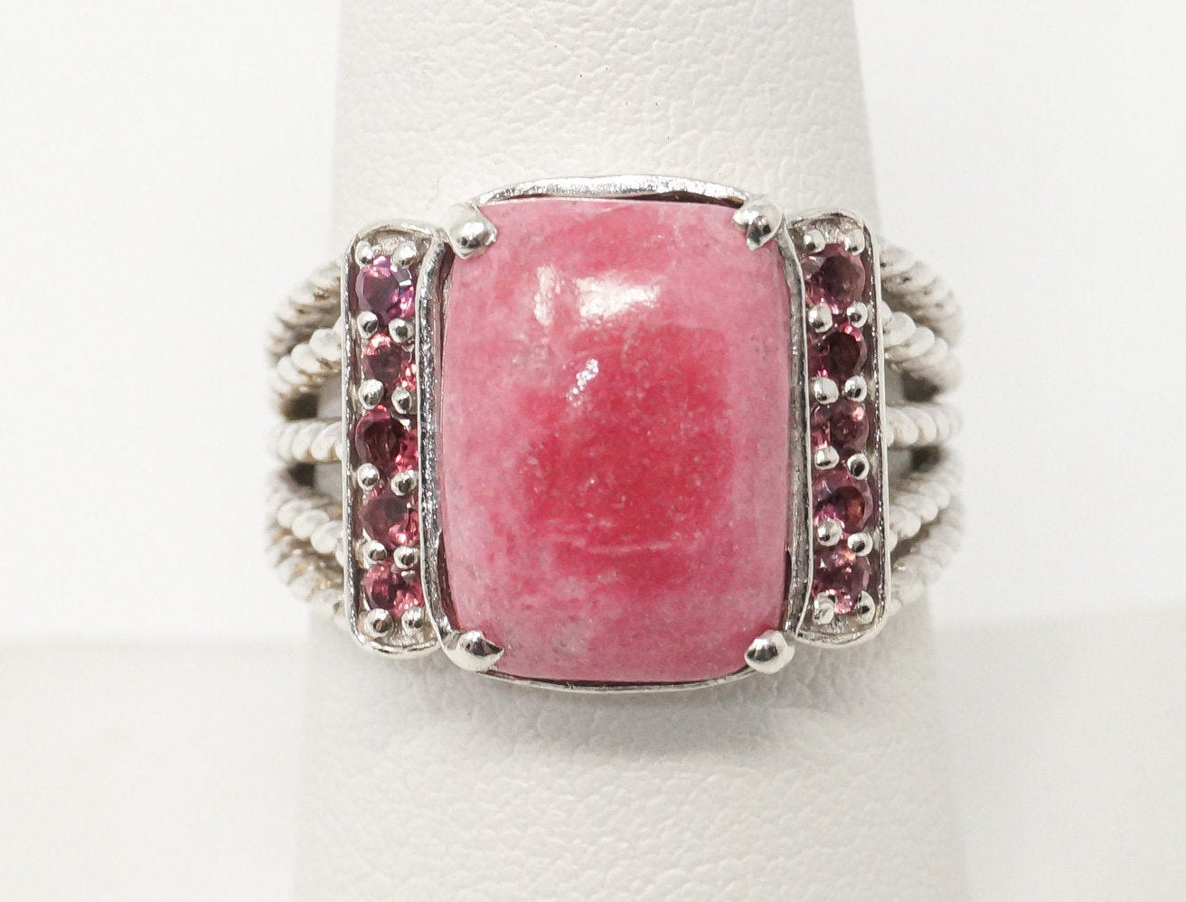 Vintage Thulite Pink CZ Cable Sterling Silver Statement Ring - Size 8