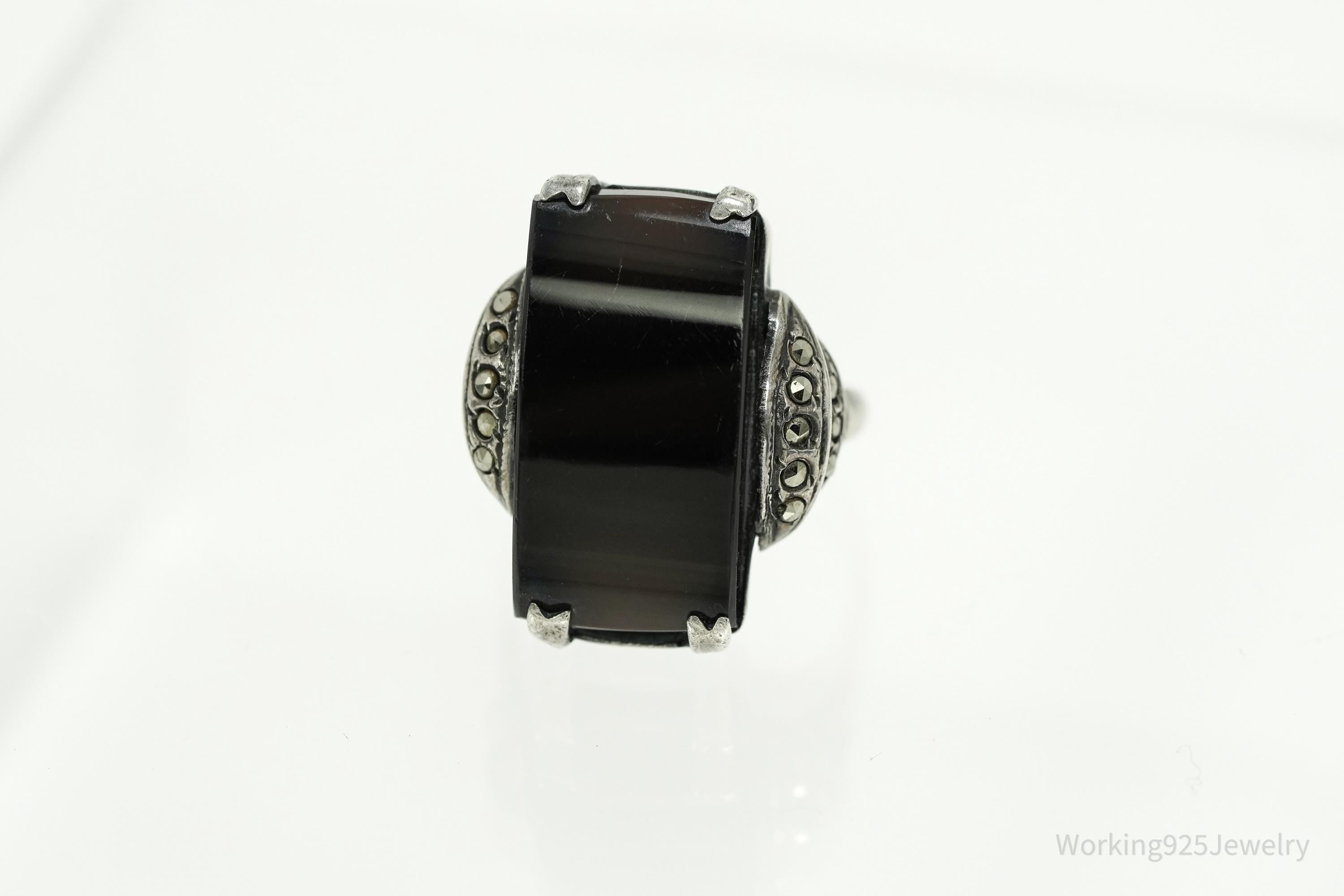 Antique Art Deco Black Onyx & Marcasite Sterling Silver Ring - Size 4.5